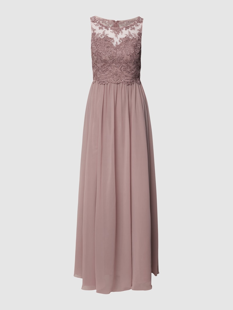 Abendkleid mit Ziersteinen und floralen Stickereien in mauve