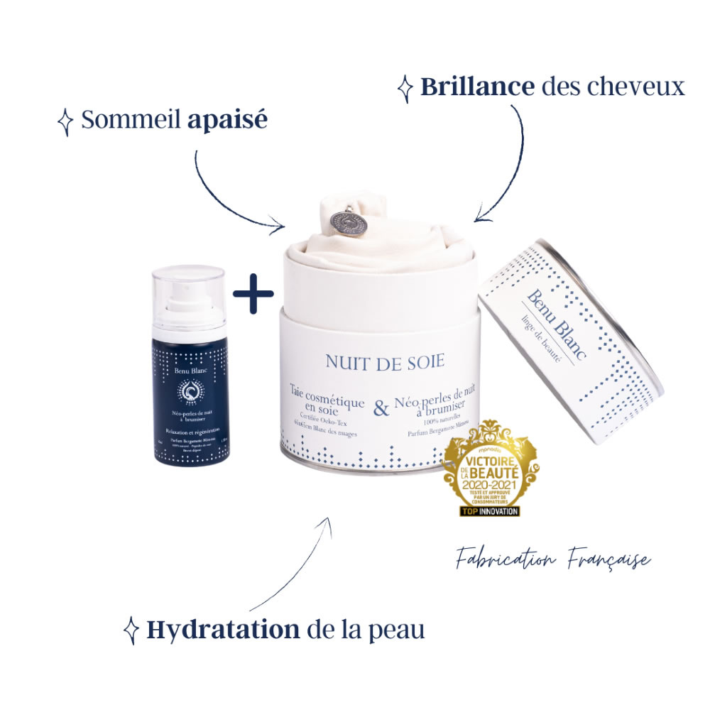 benu blanc Nuit de Soie, le rituel beauté et bien-être de la nuit Taie d'oreiller 100% pure soie et brumede soins  naturelle