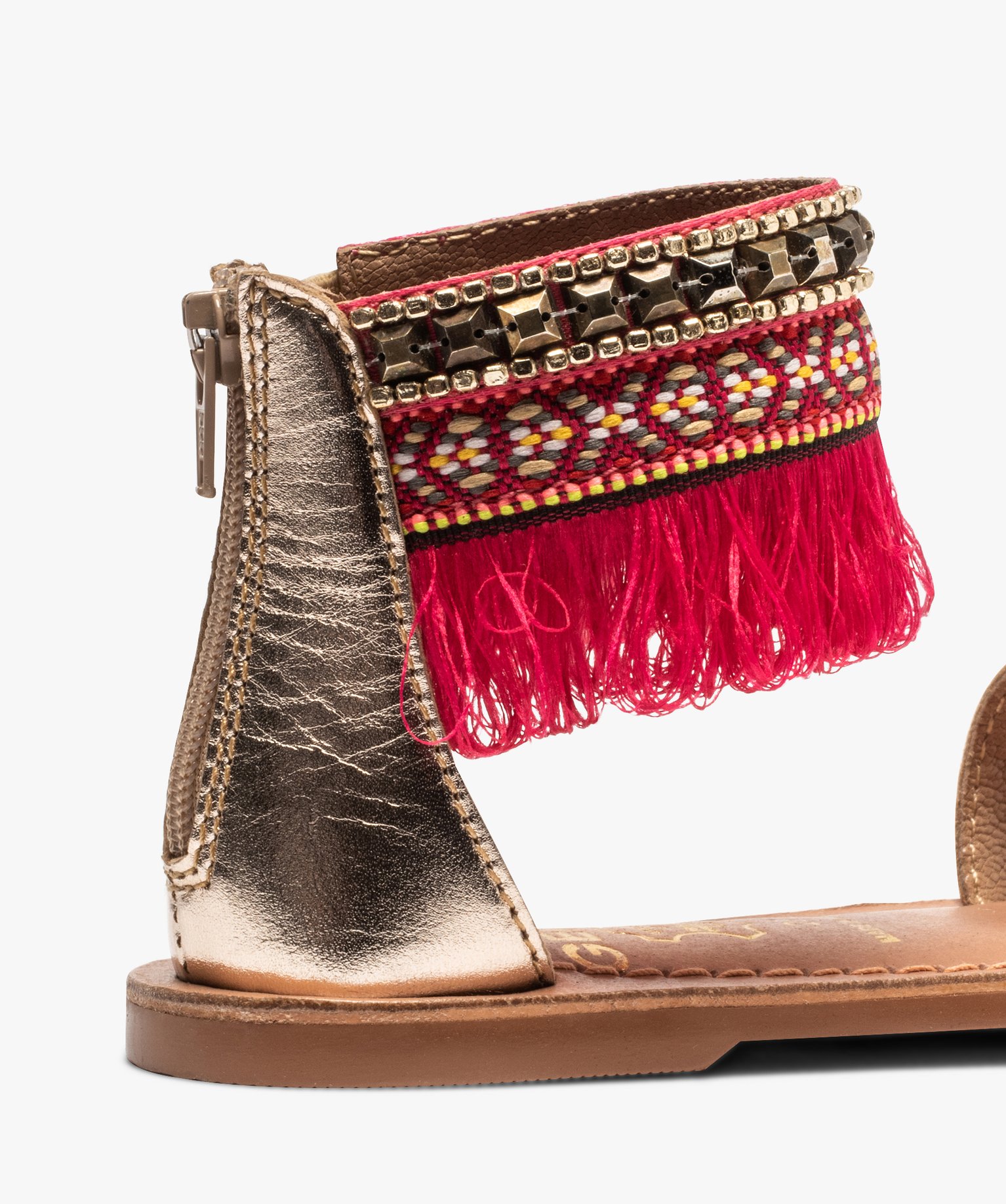 Sandales fille avec bride cheville ornée de perles et franges camel | GEMO