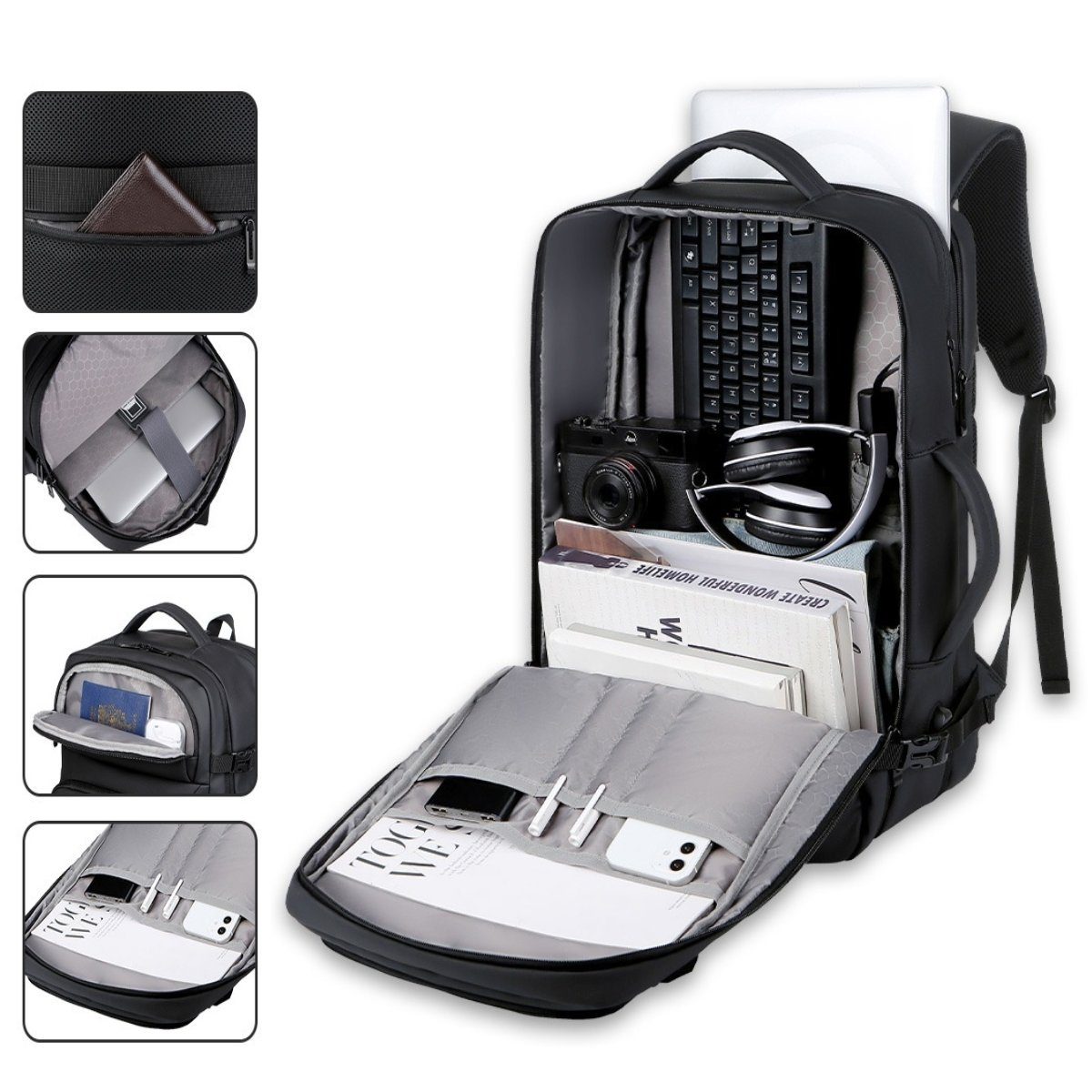 7Magic Reiserucksack Großer Erweiterbarer Laptop Rucksack Schulrucksack Laptoptasche (mit USB Ladeanschluss Anti Diebstahl Business Arbeit Reisen), für Teenager Notebook College Damen, Herren,Schwarz
