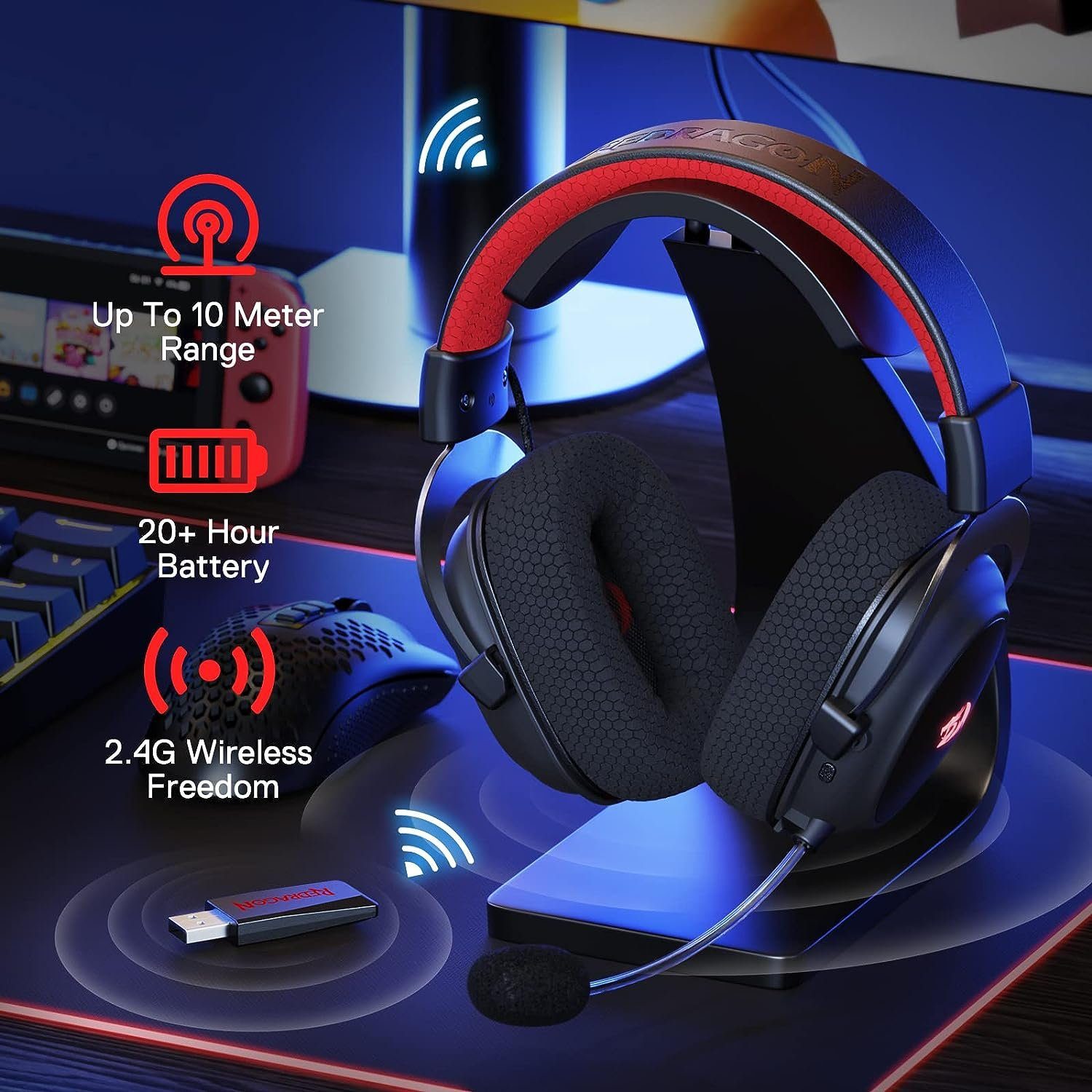 Redragon Redragon H510 Pro Geräuschunterdrückung RGB Kabelloses Gaming-Headset Gaming-Headset (Kabelgebubde, Wireless, Steuerung von Audio und Hintergrundbeleuchtung, 53-mm-Treiber)