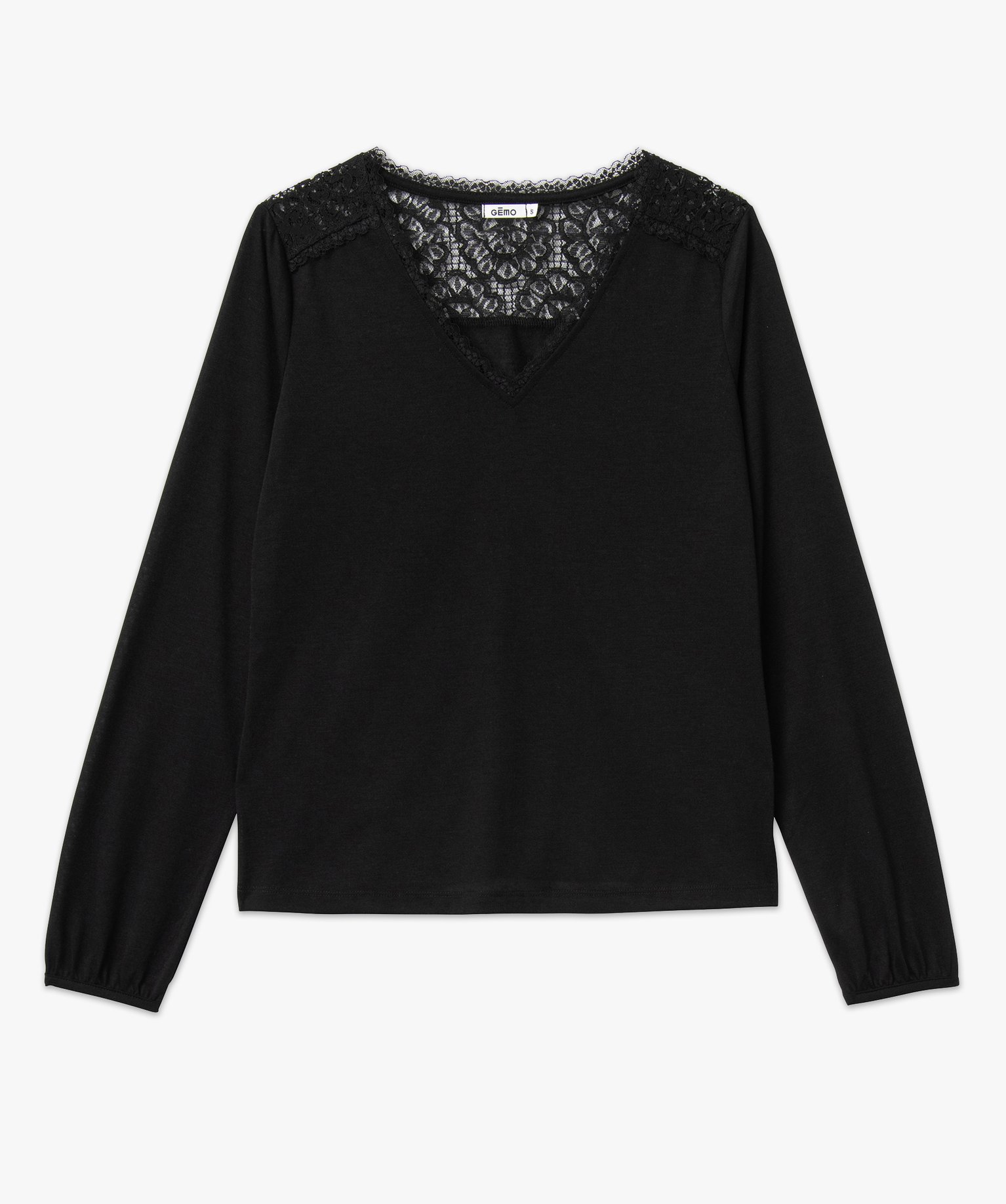 Tee-shirt à manches longues avec détails dentelle femme noir | GEMO