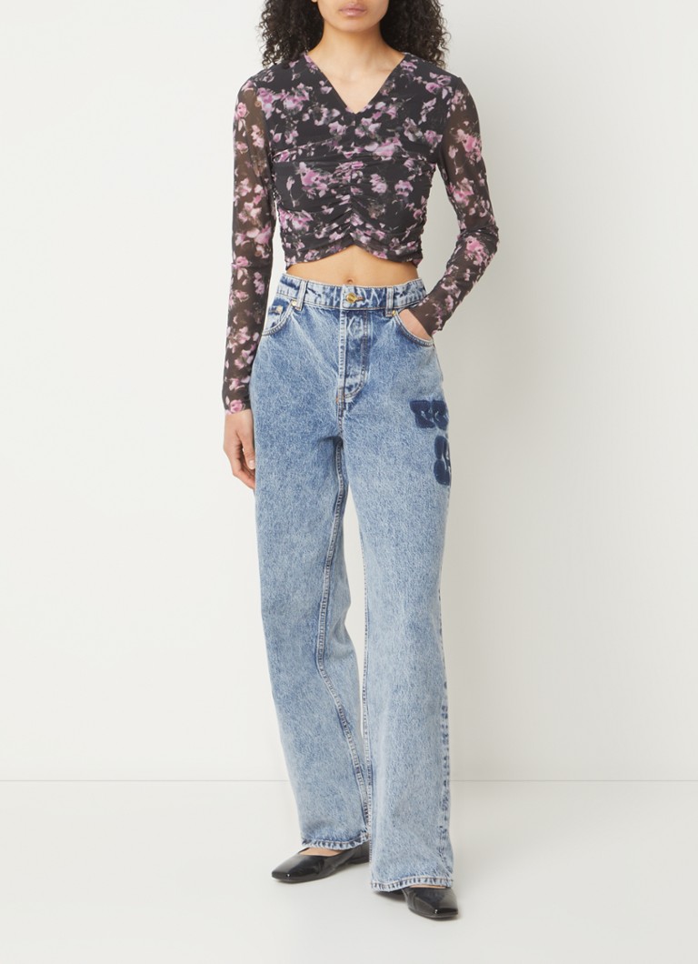 Poloprůhledný síťovaný crop top Ganni s potiskem