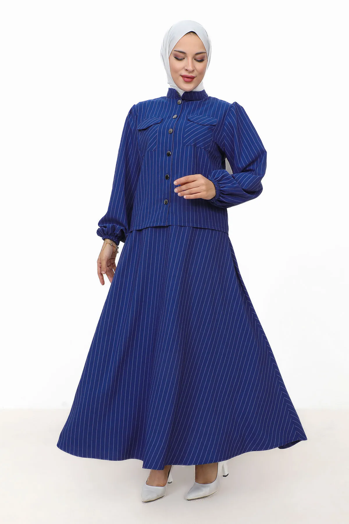 Tesettür Dünyası  Hira gestreifter Rockanzug TSD231203 Saks Blue
