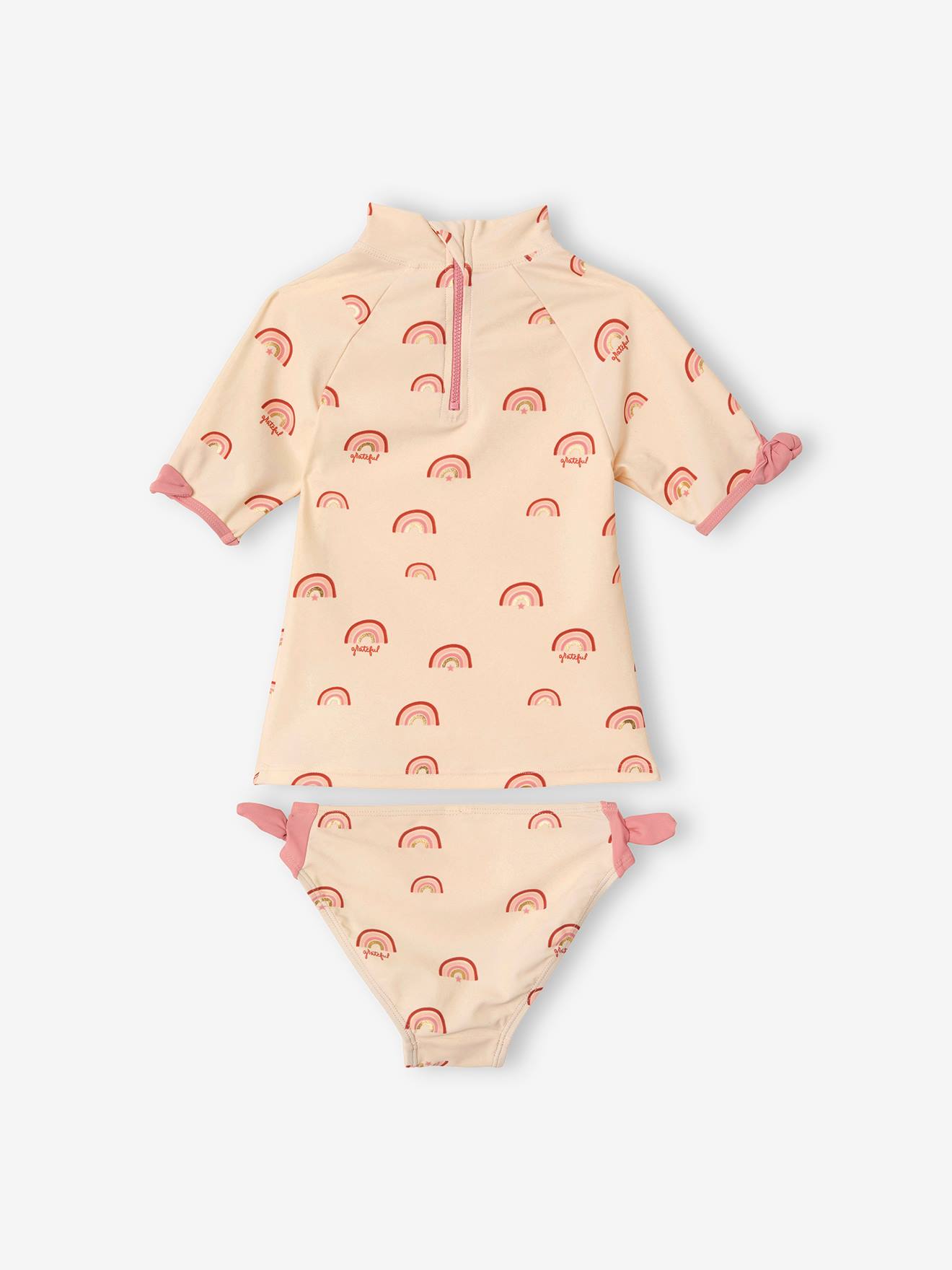 Ensemble de bain anti-UV fille T-shirt + culotte écru imprimé