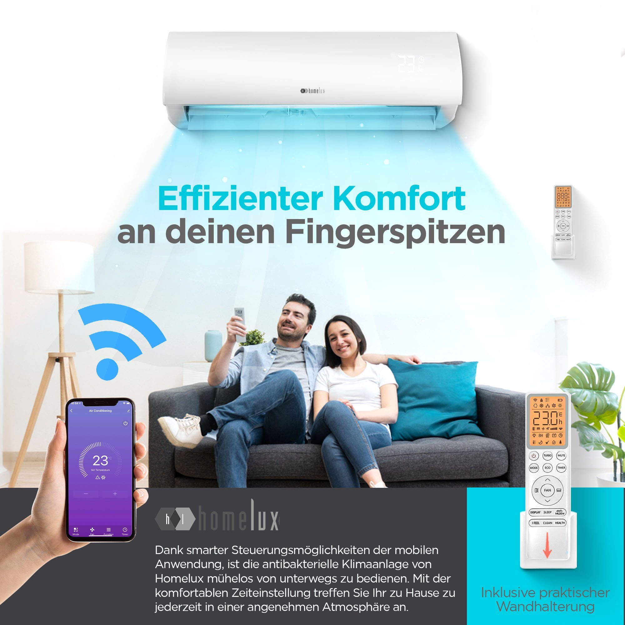 Homelux Split-Klimagerät ACS, mit WiFi/App Funktion, Kühlen A++/ Heizen A+ 9000 BTU/h (2.600 Watt)