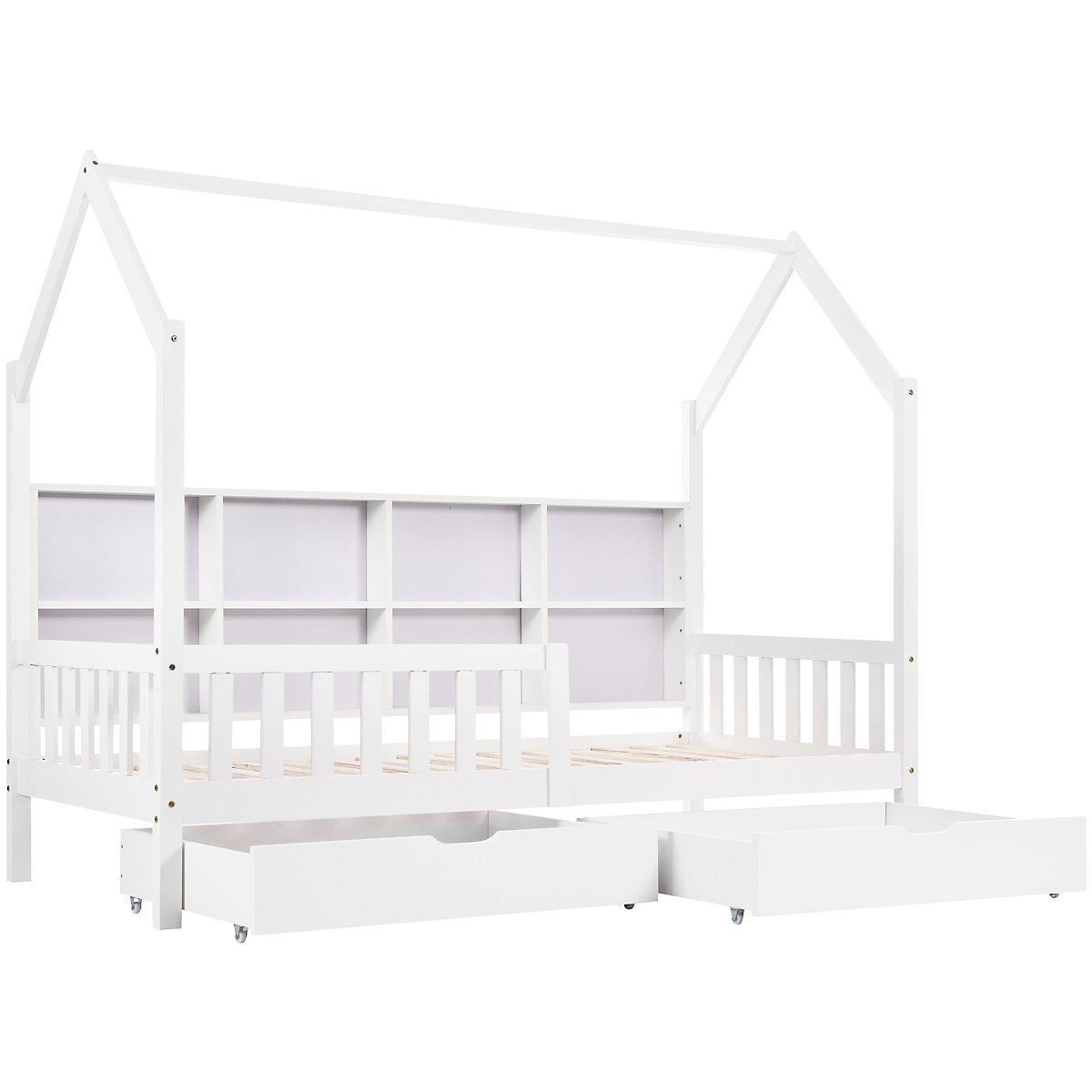 Hausbett 90x200 cm mit Ablageregal und Schubladen, Kinderbett mit Rausfallschutz