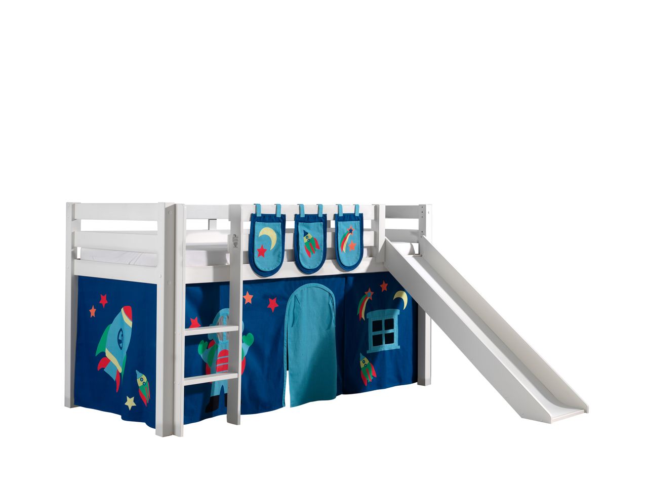 VIPACK Spielbett Pino inkl. Rutsche mit Textilset Vorhang und 3 Taschen 