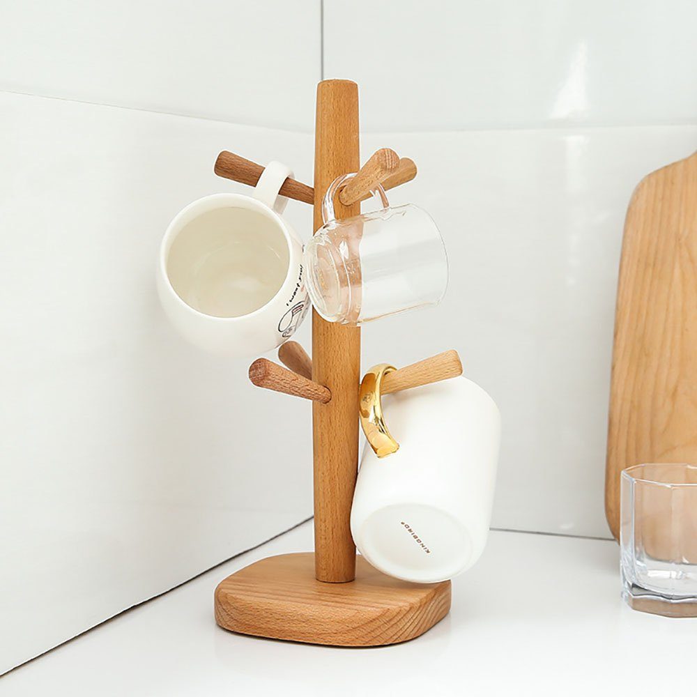 Aphollod Gläserhalter Tassenbaum, Becher-Aufhänger, Kaffee-Becherhalter mit 6 Haken, Holz-Kaffeebecher-Halter für Theke