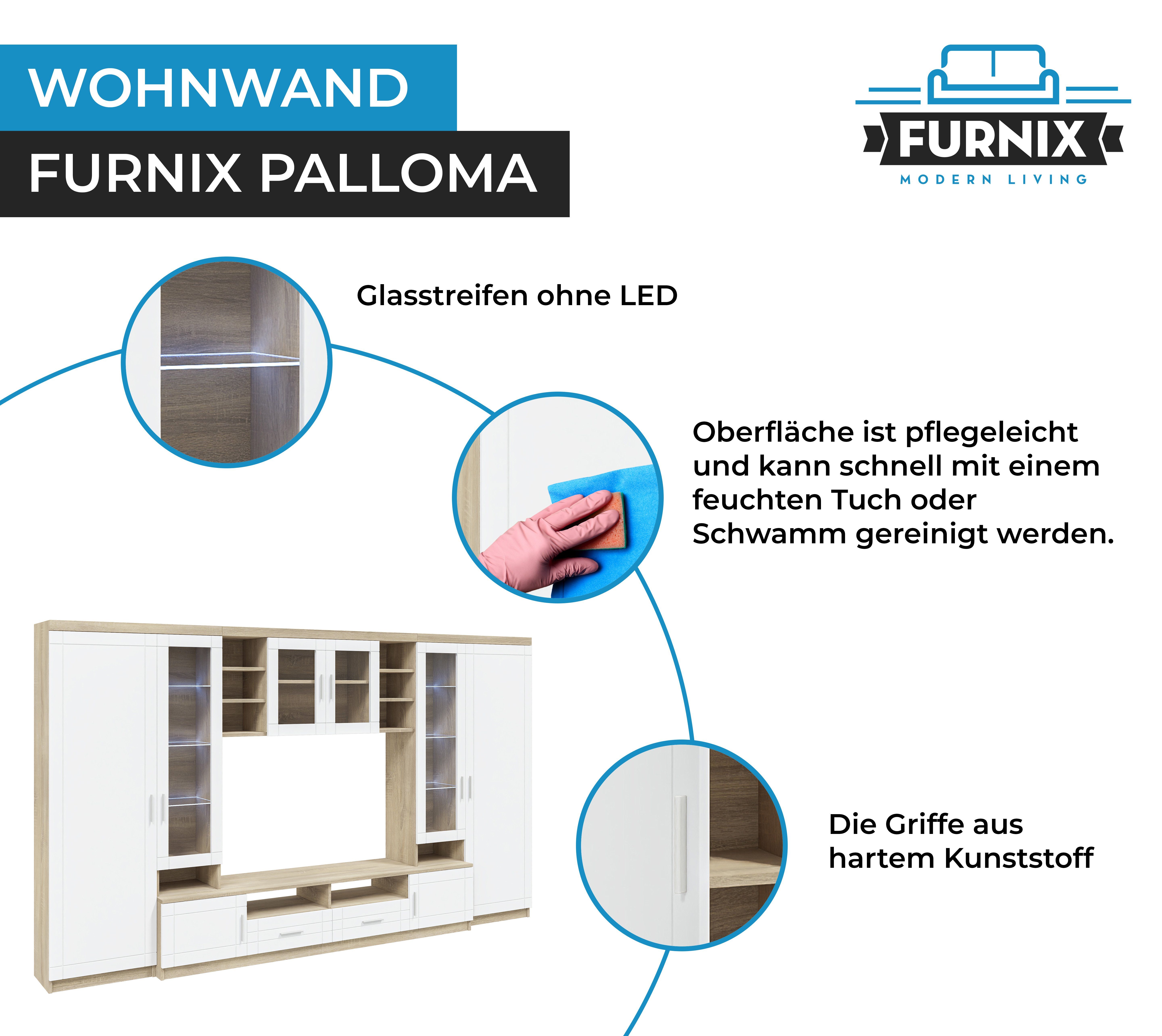 Furnix Wohnwand PALLOMA Schrankwand multifunktionell, 2 Hochschränke, TV-Schrank, Hängeschrank, B340 x H198 x T44 cm