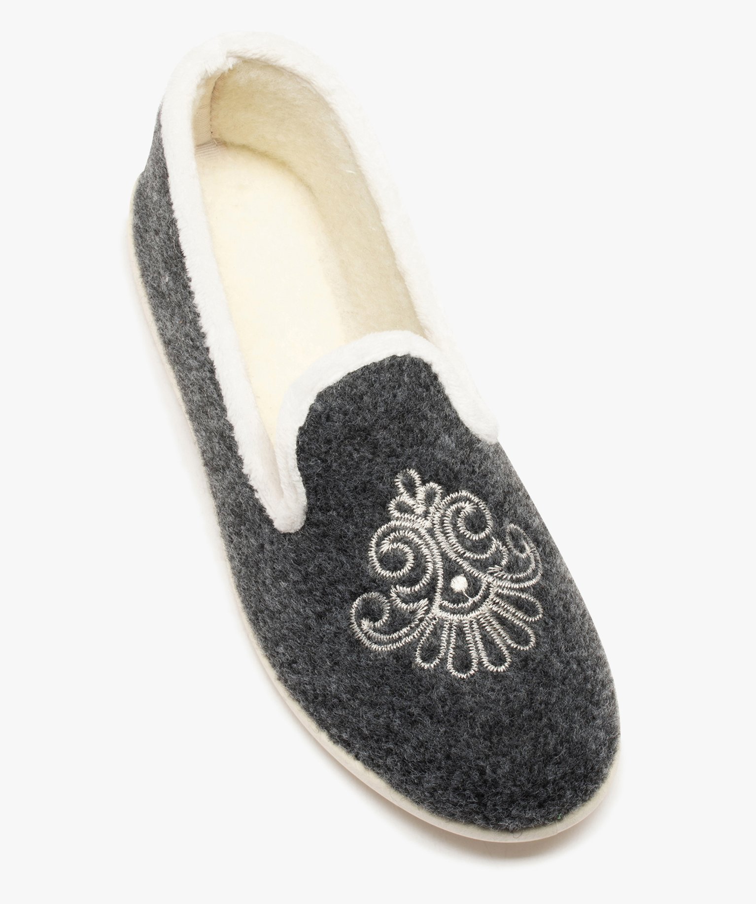 Chaussons femme pantoufles confort en feutrine brodée gris | GEMO