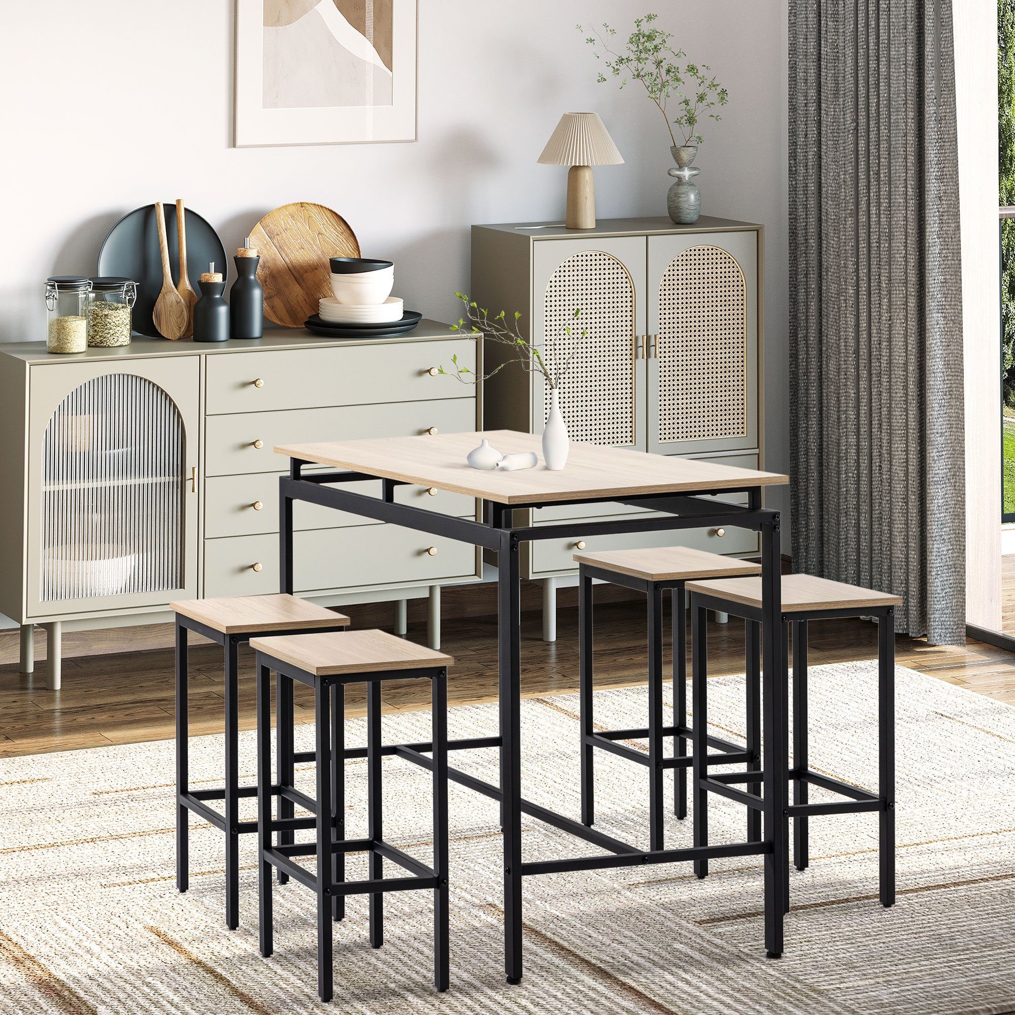 HOMCOM Bartisch Bartisch, Barhocker, 5-tlg. Set, Industrial Design, 120 x 60 x 90cm