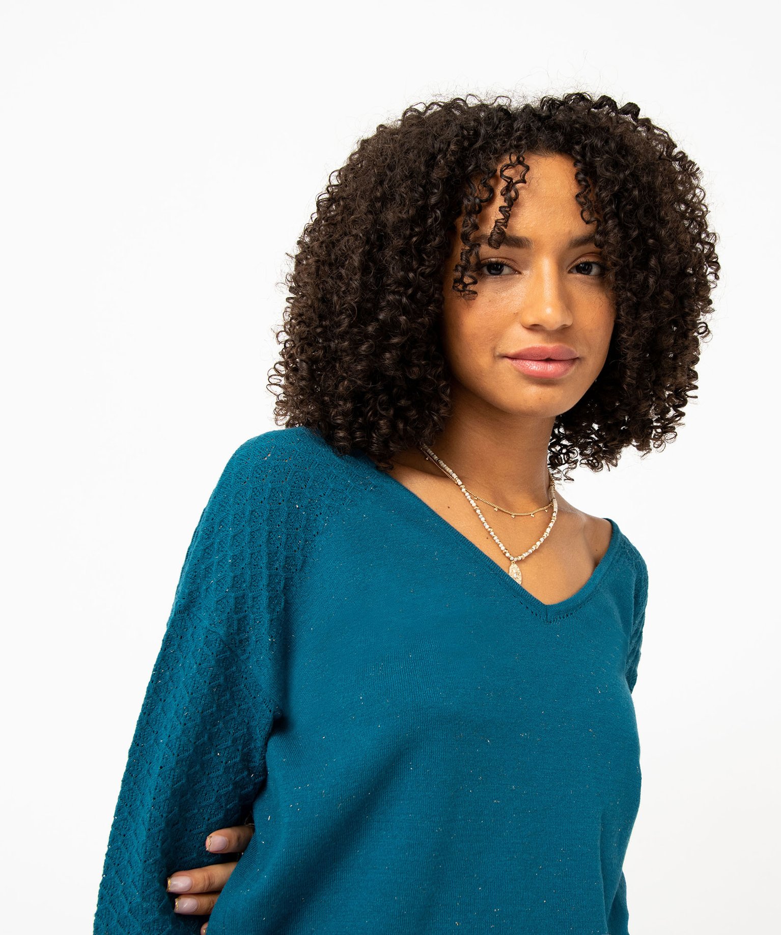 Pull avec double col V et manches fantaisie femme bleu | GEMO