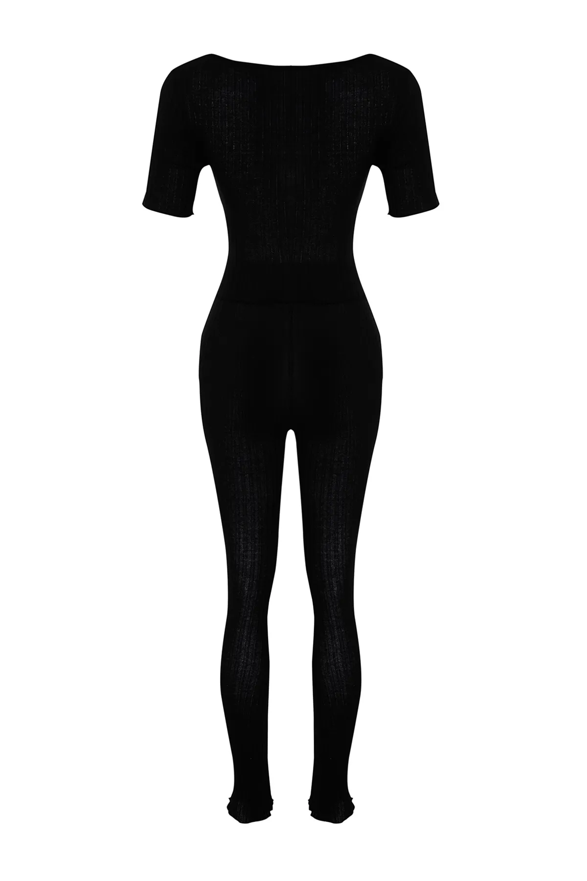 Trendyol Collection  Schwarzes Set aus gerippter, dehnbarer Strickbluse mit V-Ausschnitt und Hose sowie Oberteil und Unterteil TWOSS24AU00100