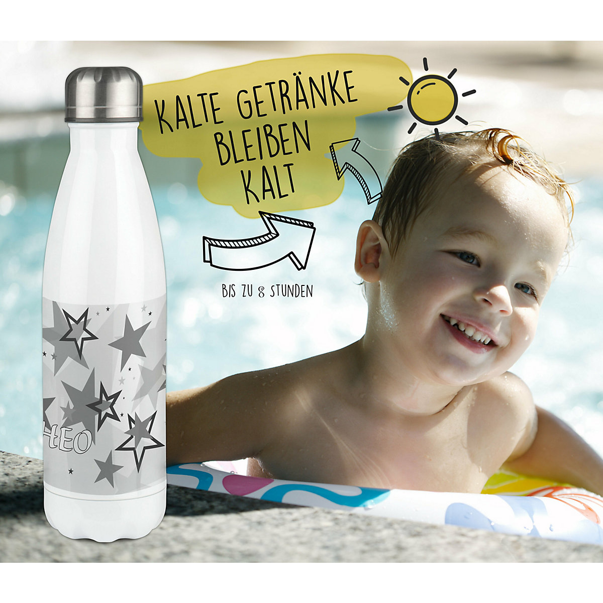 Edelstahl Kinder Thermoflasche / Trinkflasche bunt Sternenhimmel Farbe grau Spülmaschinenfest, Auslaufsicher, Bruchfest, Doppelwandig, Für Heißgetränke geeignet, Mit Deckel, Isoliert