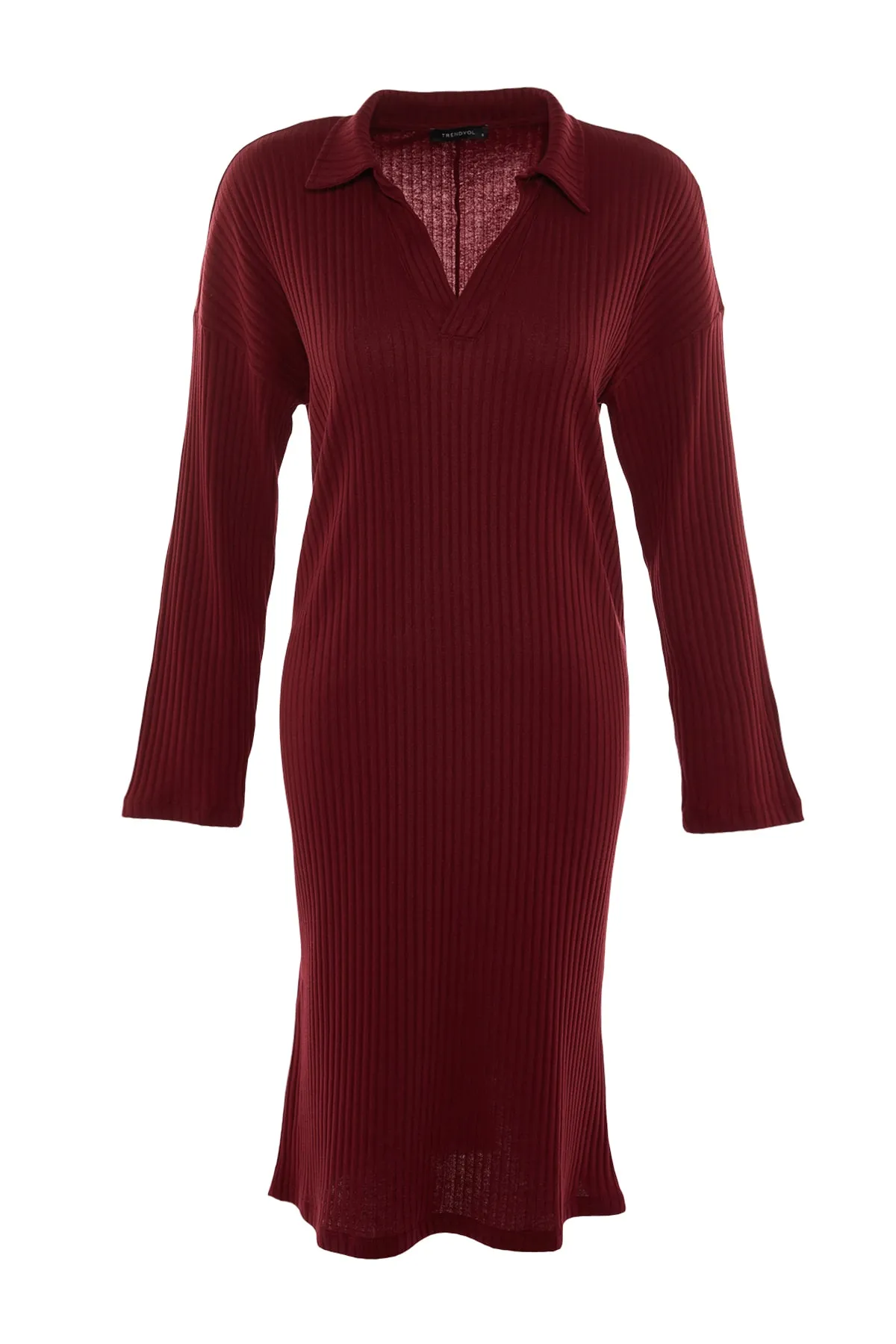 Trendyol Collection  Burgunderfarbenes, schnurgebundenes Strickkleid mit V-Ausschnitt THMAW23EL00006