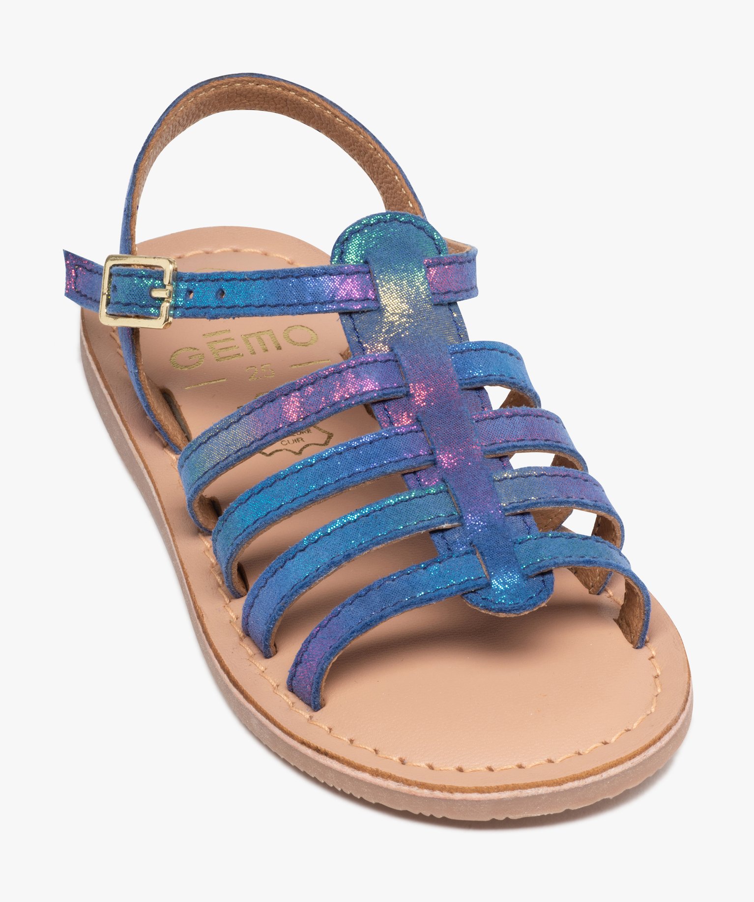 Sandales filles à brides multiples en cuir irisé bleu | GEMO