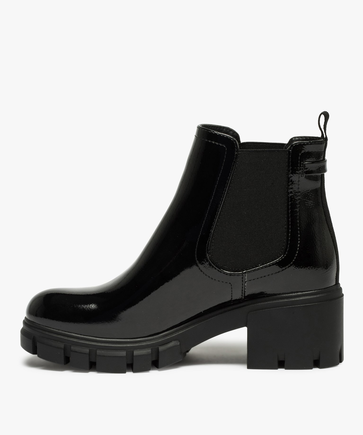 Boots femme à talon carré et semelle crantée dessus verni noir | GEMO