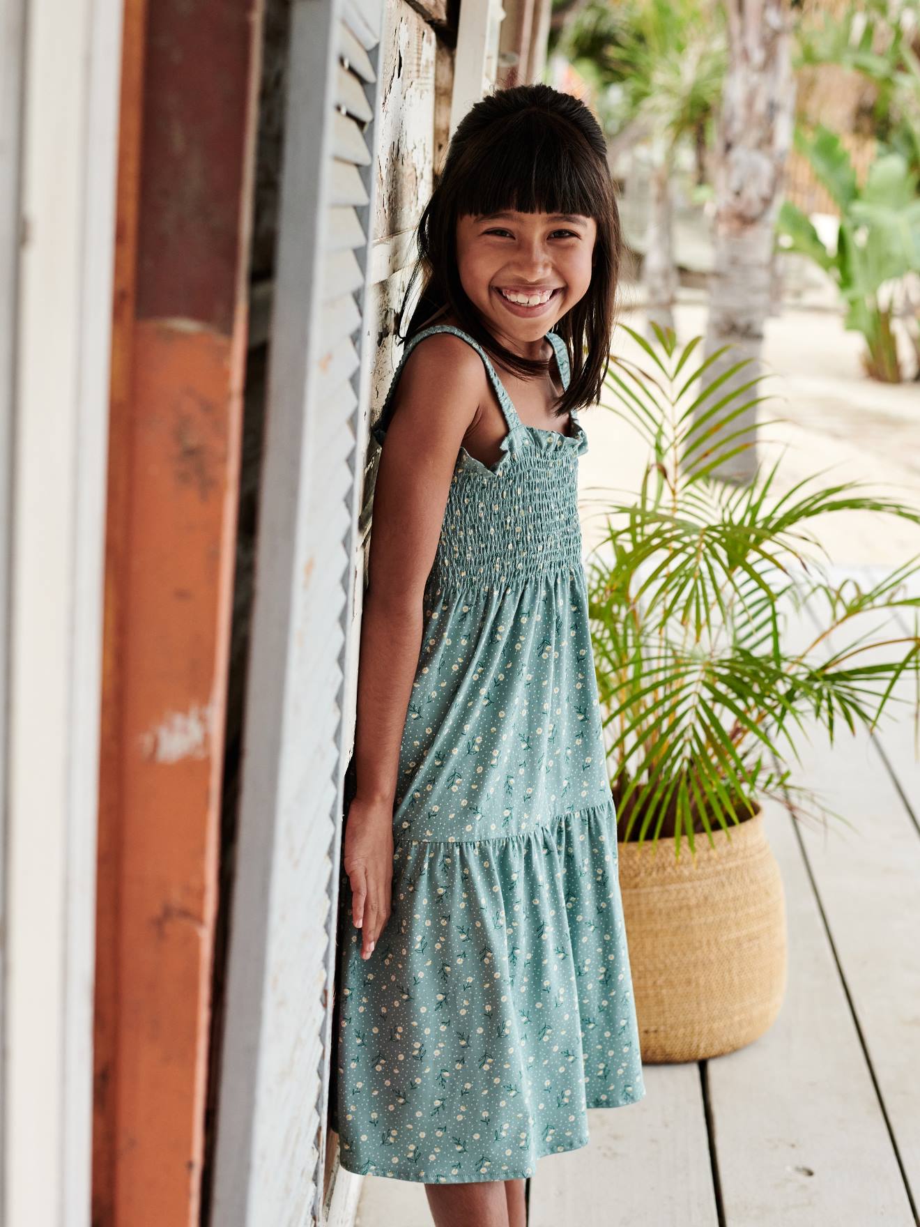 Robe smockée à bretelles motifs fleurs fille vert émeraude