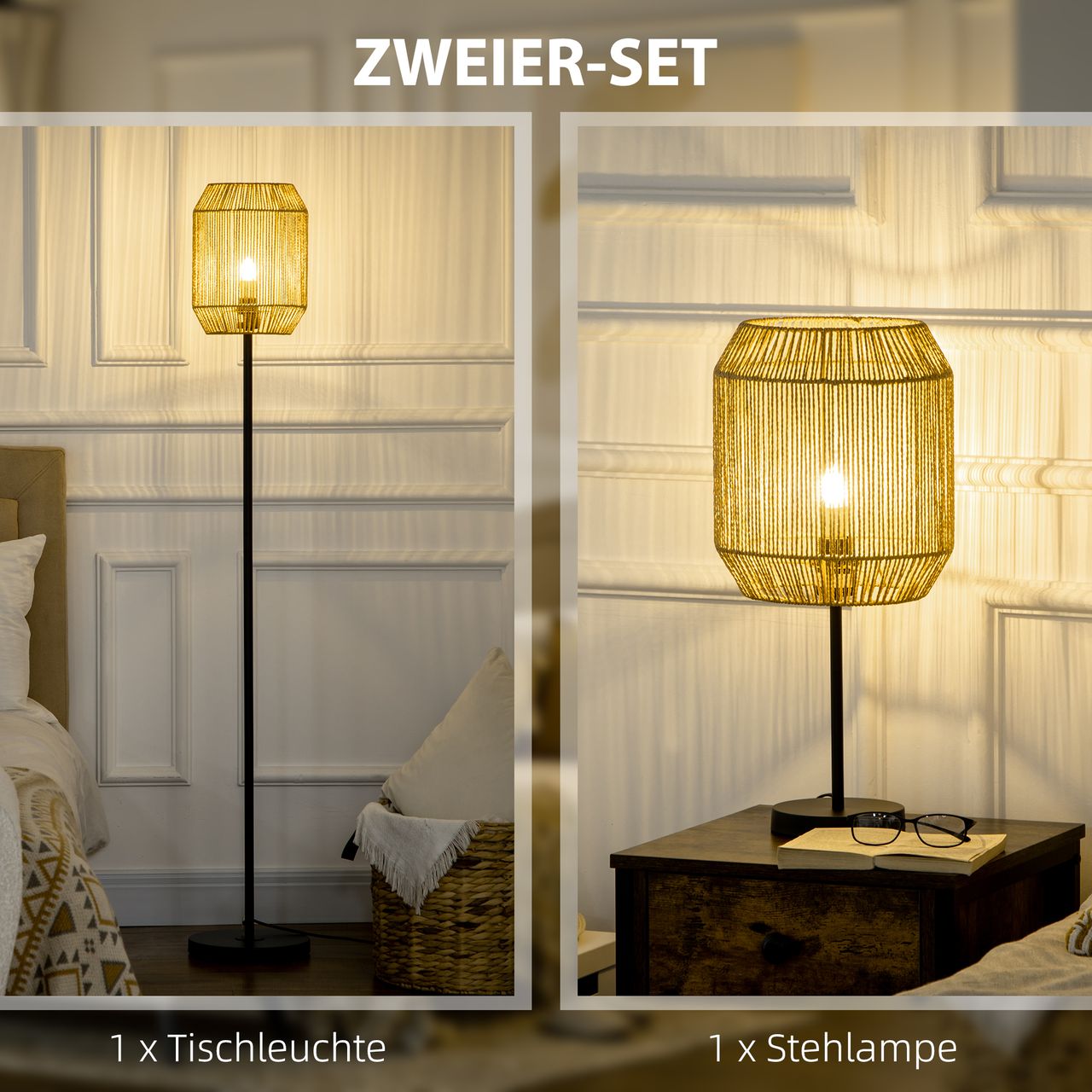 HOMCOM 2er-Stehlampenset mit Tischleuchte, 1 Stehlampe, für Schlafzimmer, Natur