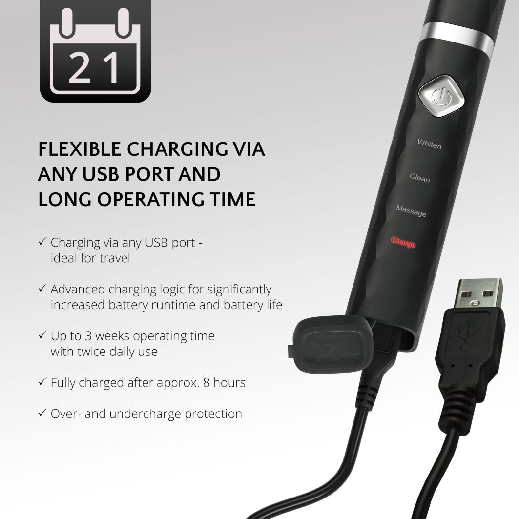 USB-Schallzahnbürste schwarz inkl. 2 Bürstenköpfe