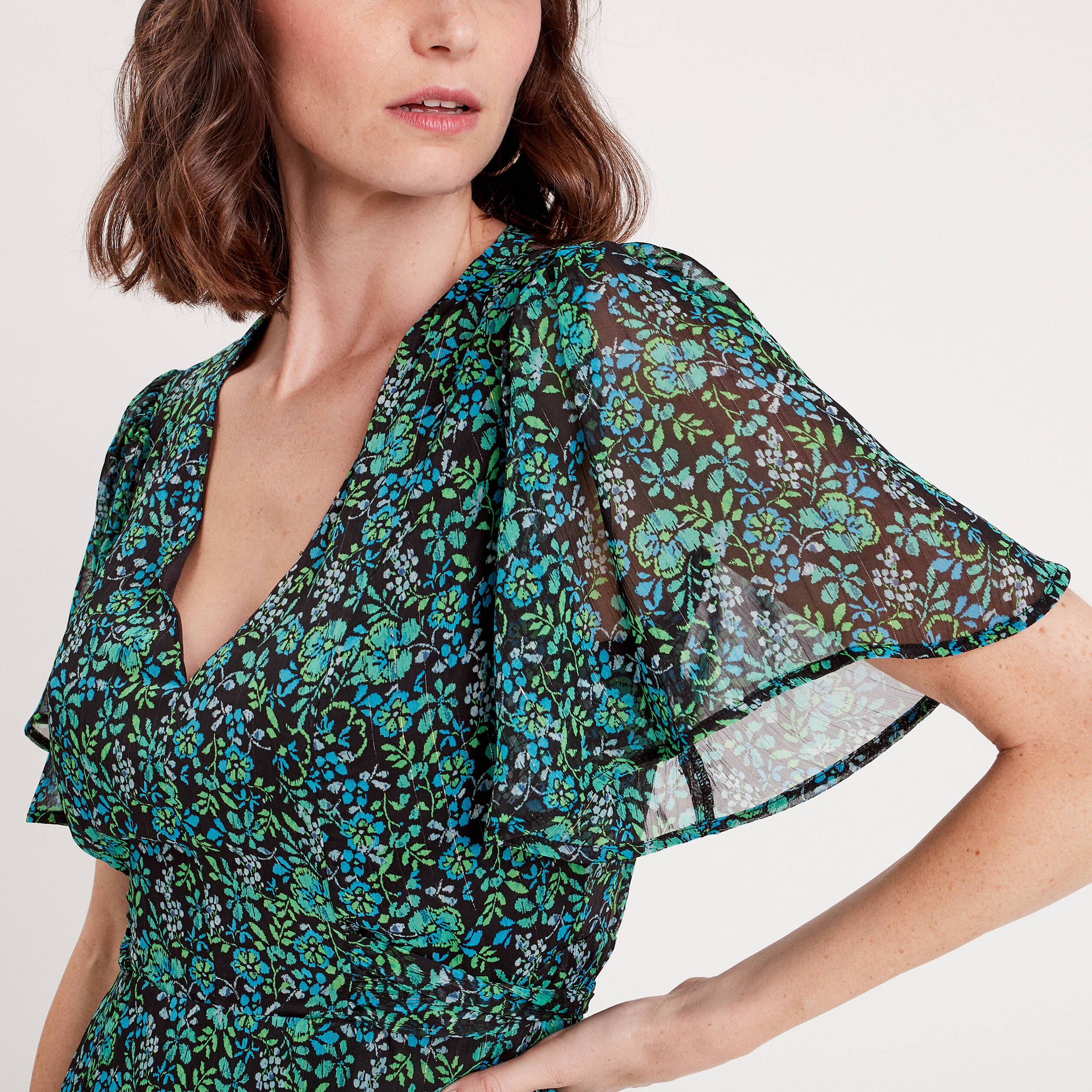 Robe longue évasée col en V vert femme | Cache Cache