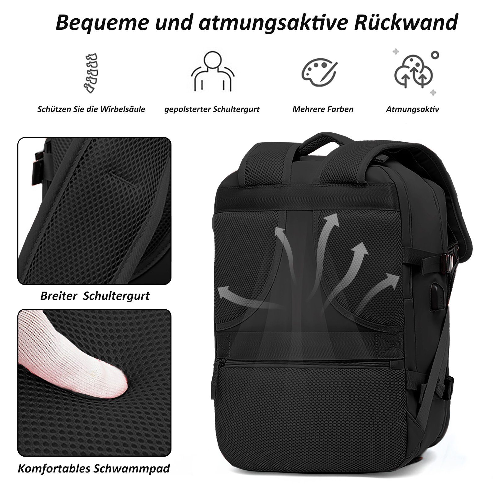 TAN.TOMI Reiserucksack Reiserucksack 45L, Handgepäck Rucksack, Lässiger Tagesrucksack, Wasserdichter Reiserucksack mit USB Ladeanschluss Schuhfach