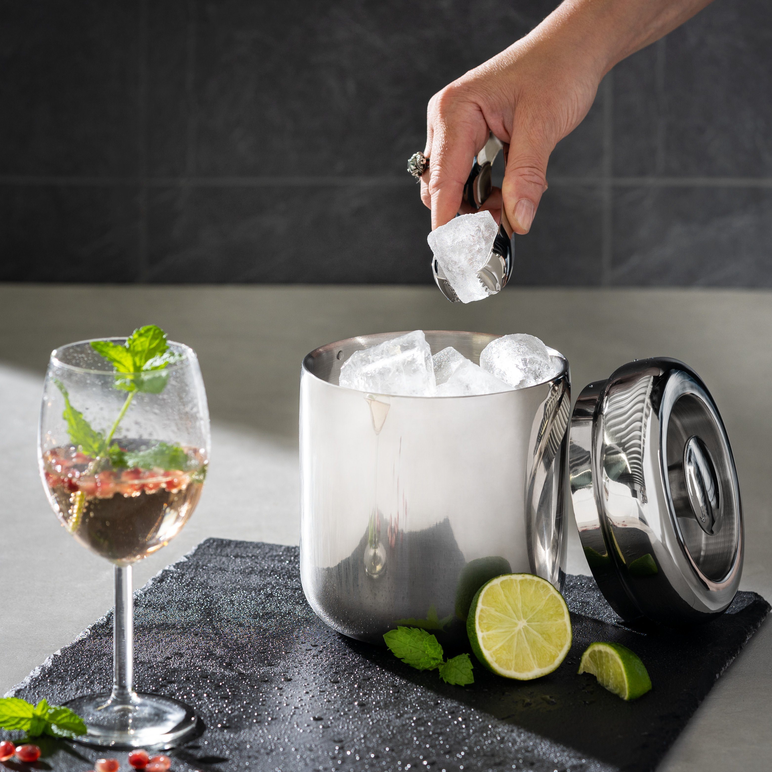 bremermann Eiswürfelbehälter bremermann Eiswürfelbehälter mit Zange, Edelstahl-Eiskübel mit Deckel, Edelstahl, (Komplett-Set), Fassungsvermögen 1,5 l