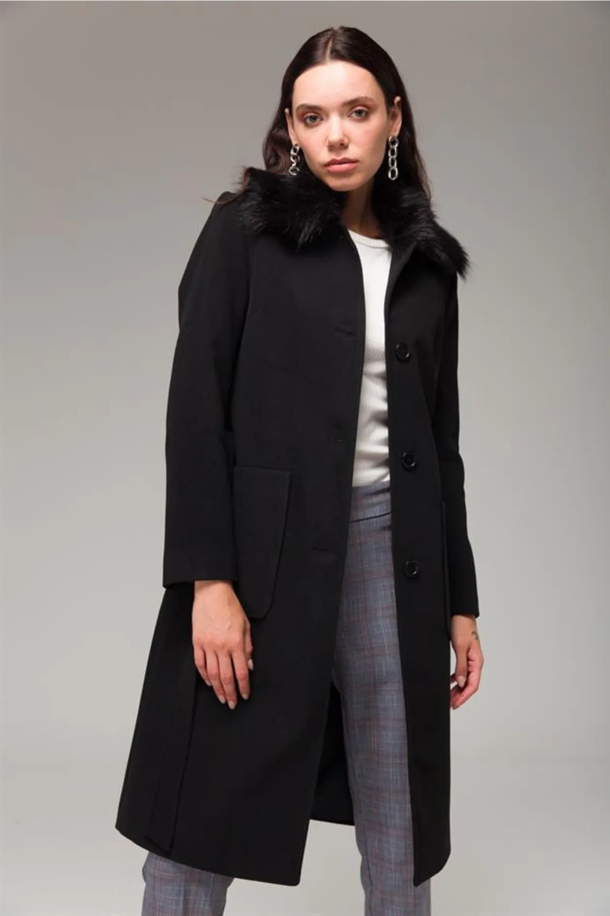 Concept.  Mantel mit Hemdkragen und abnehmbarer Felltasche, Schwarz 3761