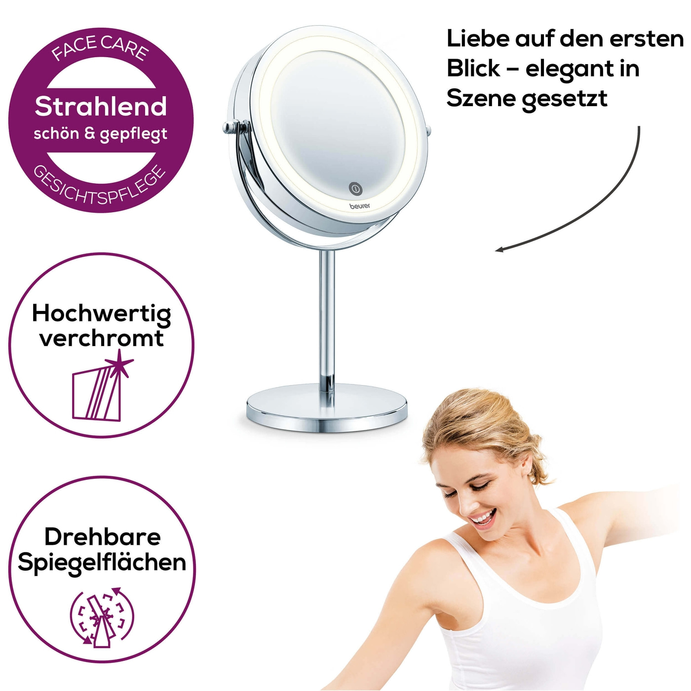 Beleuchteter Kosmetikspiegel BS 55-Beleuchteter Standspiegel mit 7-fach Zoom & Touch Sensor