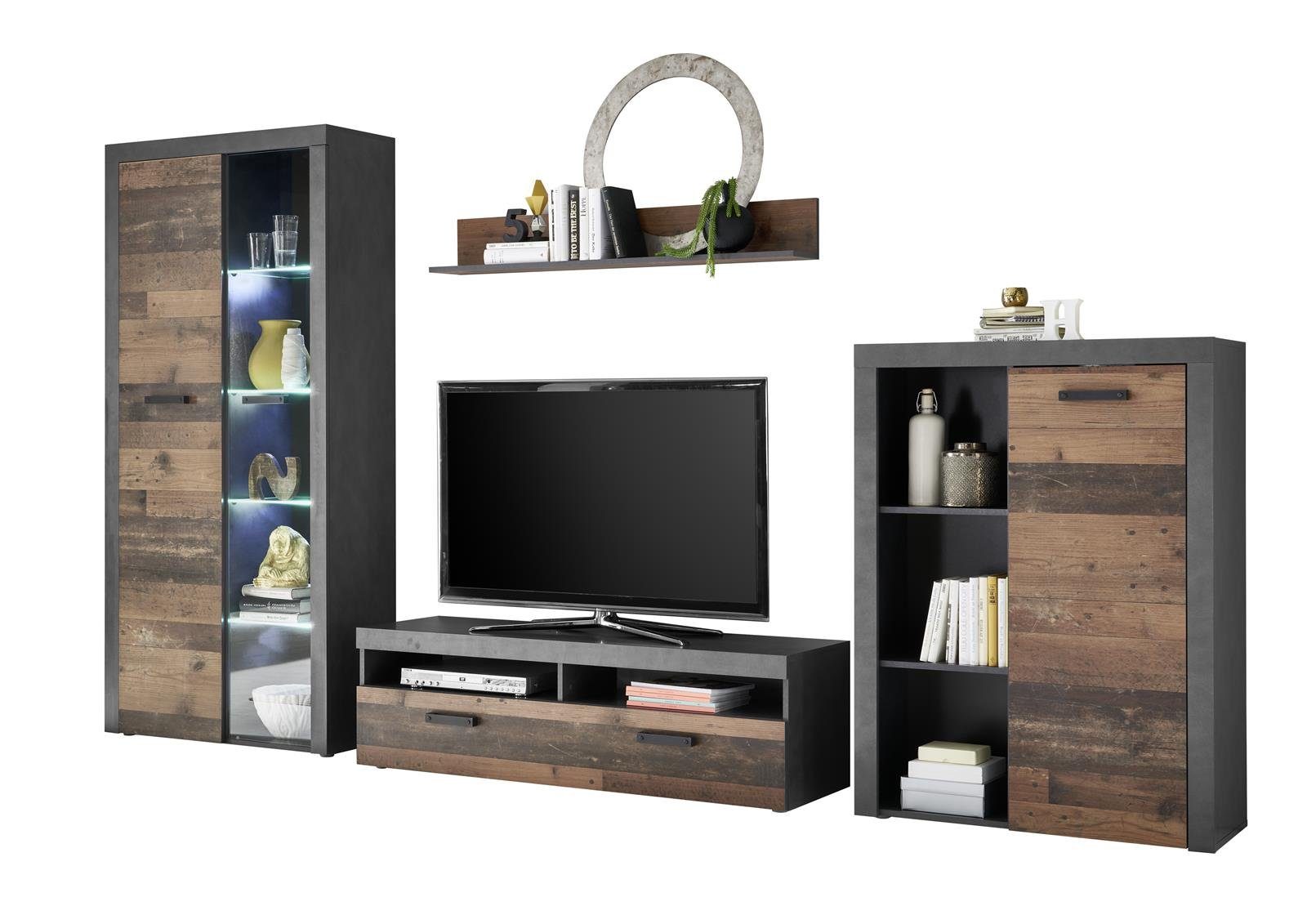 möbelando Wohnwand Johannes, (4-St), Moderne Wohnwand aus Spanplatte, Korpus in Matera, Front in Old Style Dunkel Nachbildung bestehend aus 1 Vitrine, 1 Highboard, 1 TV-Lowboard und 1 Wandboard. LED-Beleuchtung inklusive. Stellmaß ca. Breite 340 cm,