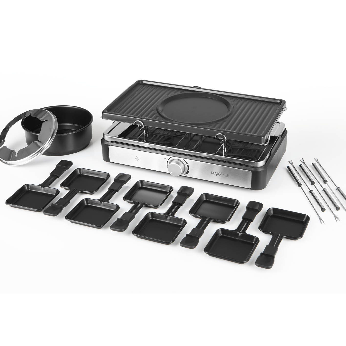 MAXXMEE Raclette und Fondue-Set Antihaft Platte 6 Gabeln & 8 Pfännchen fettarm 44x27cm
