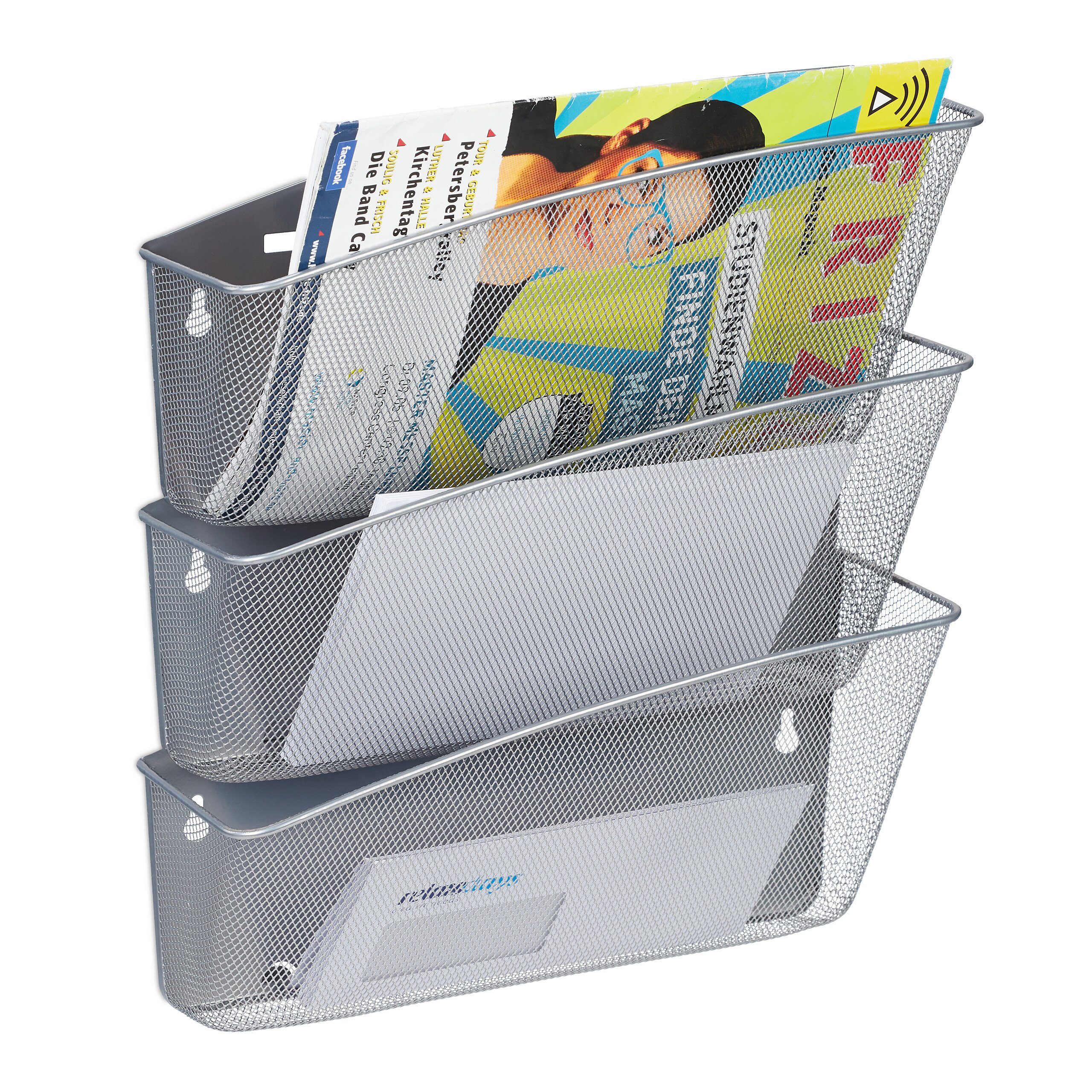 relaxdays Zeitungsständer Zeitschriftenhalter Wand 3er Set, Silber