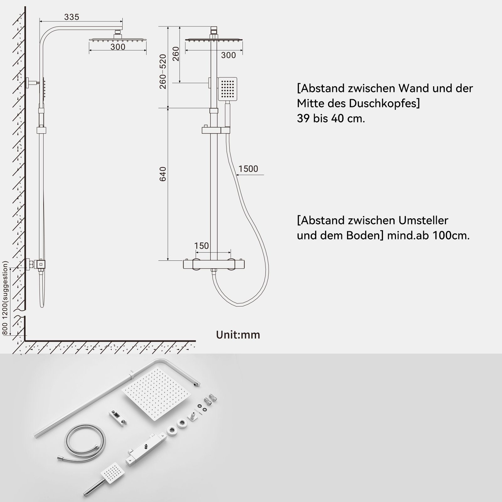 Auralum Duschsystem mit Thermostat Duscharmatur Regendusche Duschset Duschsäule Dusche, mit Quadrat Regenbrause 30 x 30 cm