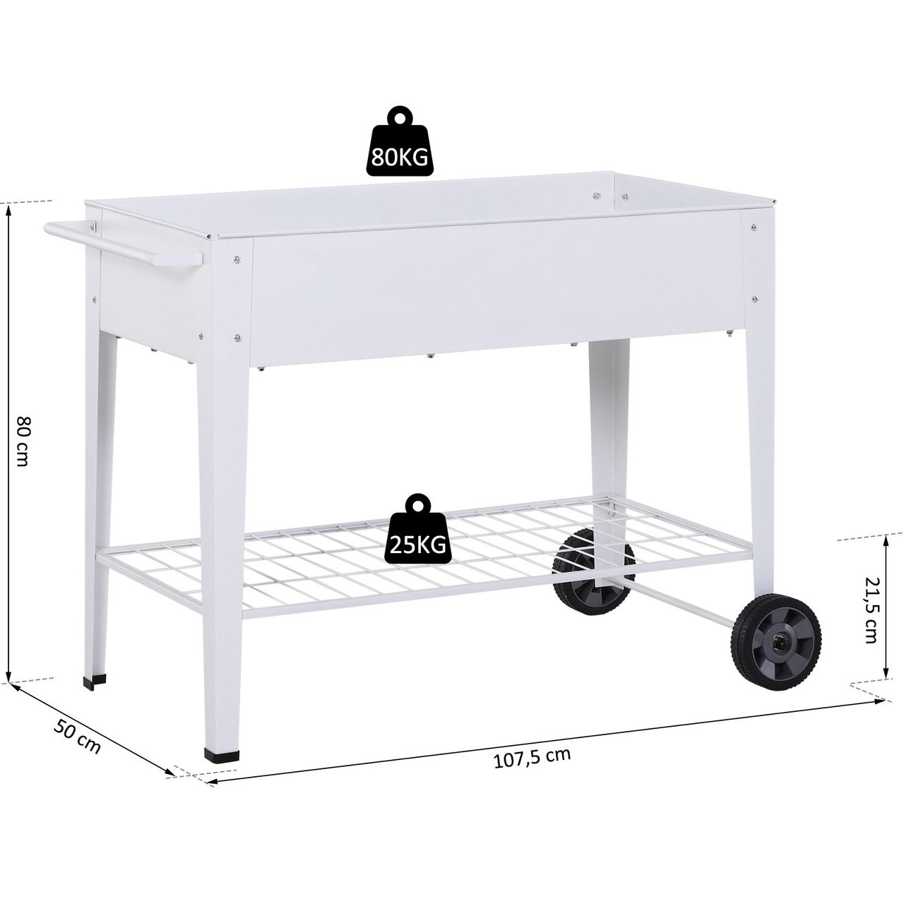 Outsunny Hochbeet Mobiler Pflanzenwagen mit Stauraum Pflanzenbeet mit 2 Rollen Metall Weiß 107,5 x 50 x 80 cm