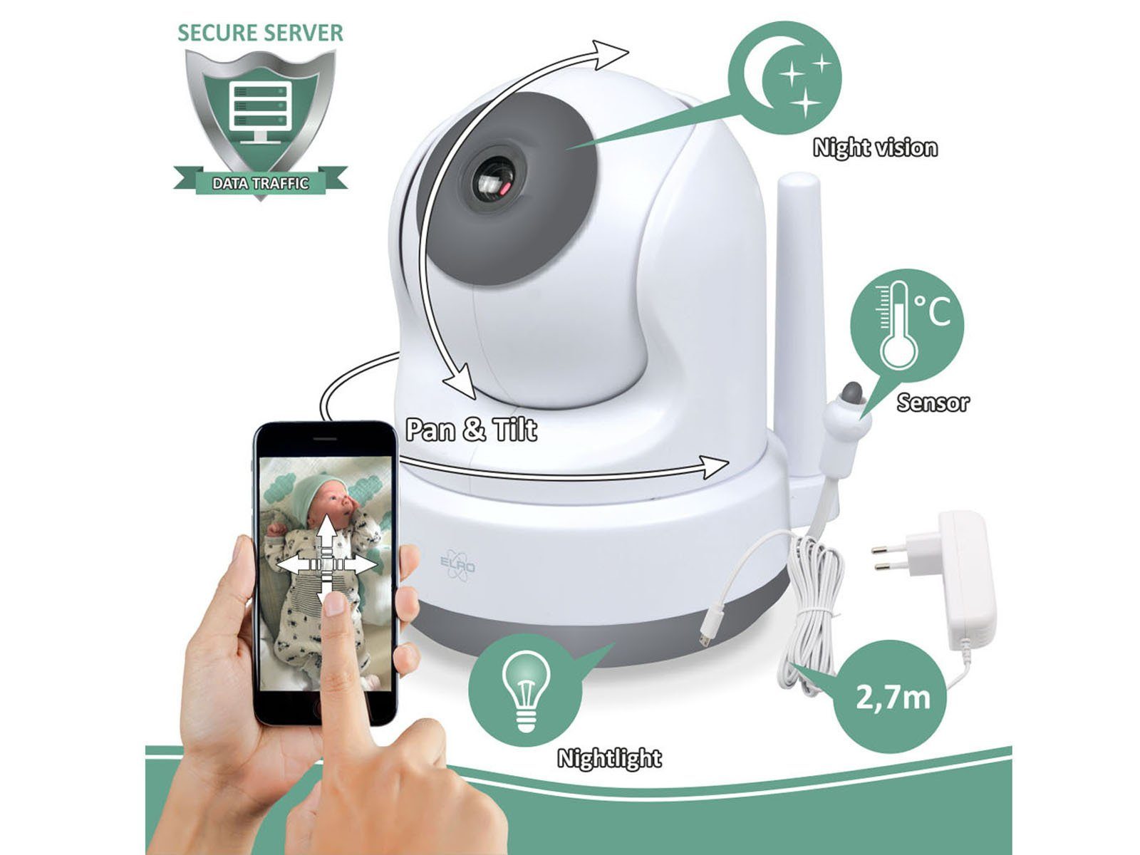 Elro Video-Babyphone, Nachtlichtfunktion & 3 Schlaflieder, Baby Cam mit Kameras für 2 Kinder - Monitor und Handy App