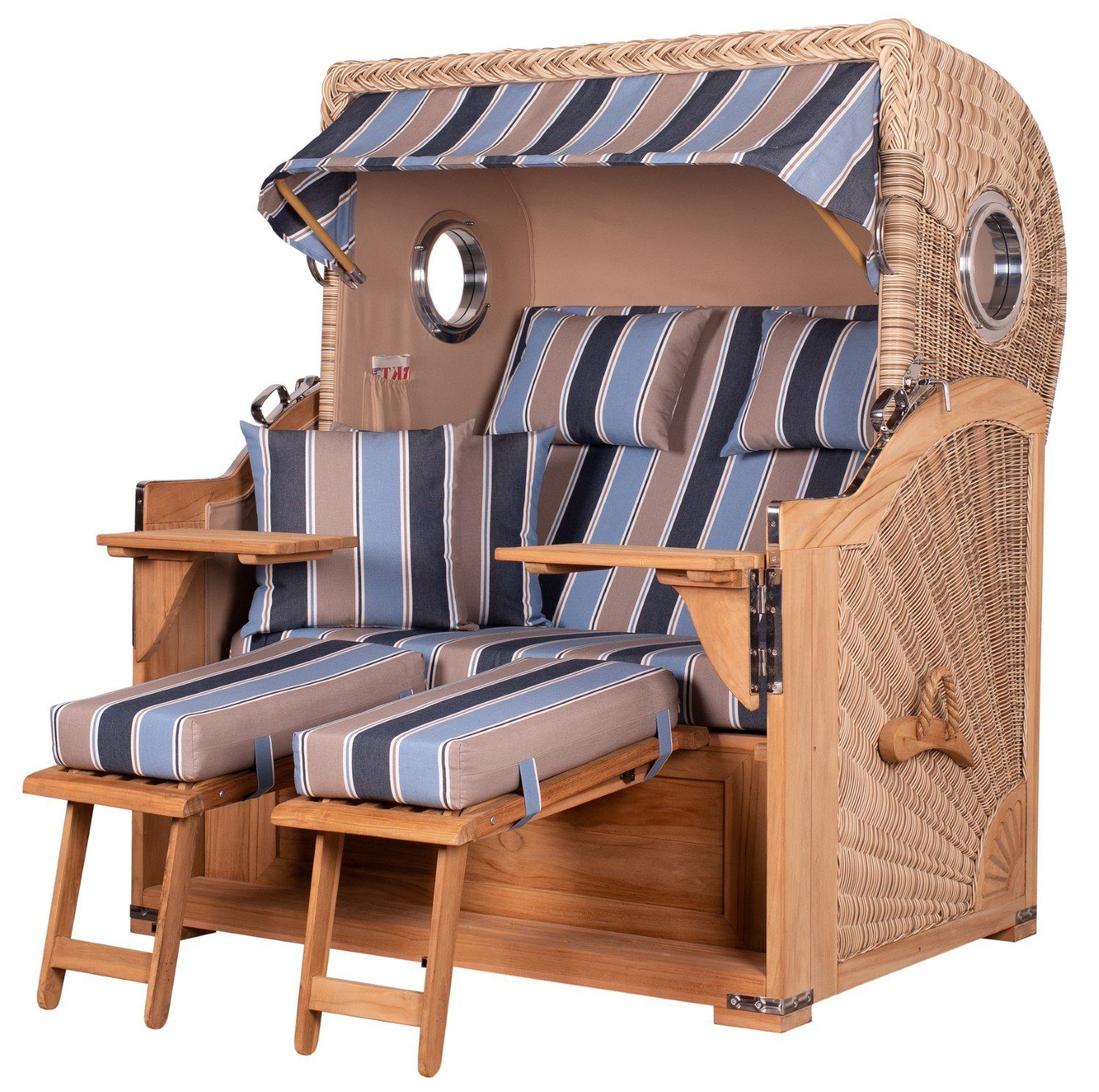 bene living Strandkorb Königssee 2,5-Sitzer Teak - PE shell - Modell 580, BxTxH: 142x95x170 cm, Volllieger ca. 175 Grad, Ostsee-Strandkorb Komplettset, inkl. Liftersystem und Bullaugen
