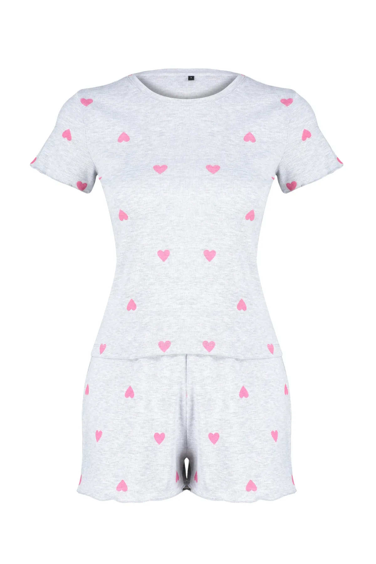 Trendyol Collection  Grau meliertes Pyjama-Set aus geripptem Strick-Pyjama mit bedrucktem Gummi und Herz-Slogan THMSS24PT00220