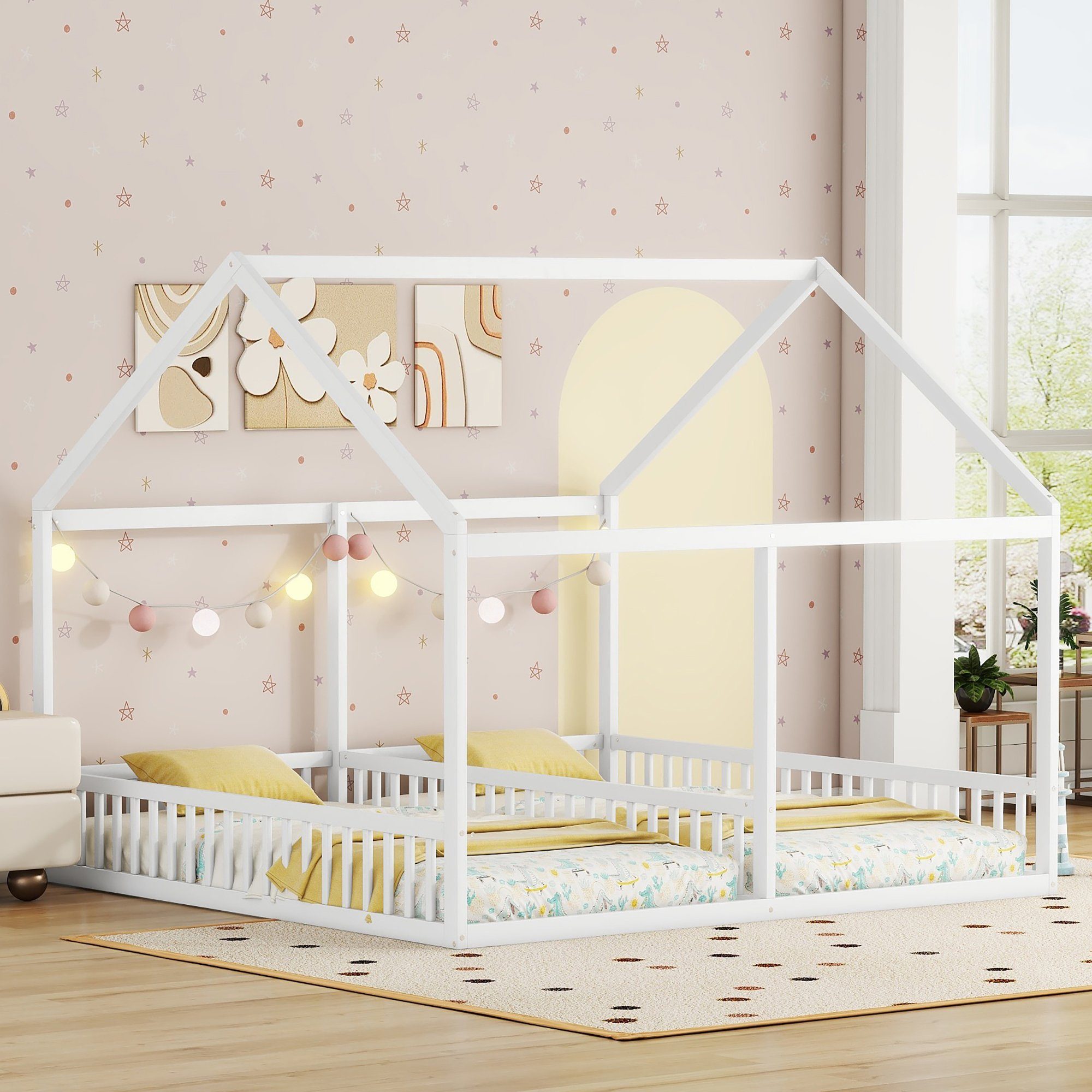 WISHDOR Kinderbett Funktionsbett Holzbett Einzelbetten, 2-in-1-Betten (flache Betten, Hausmodelle, 2-in-1-Betten), ohne Matratze