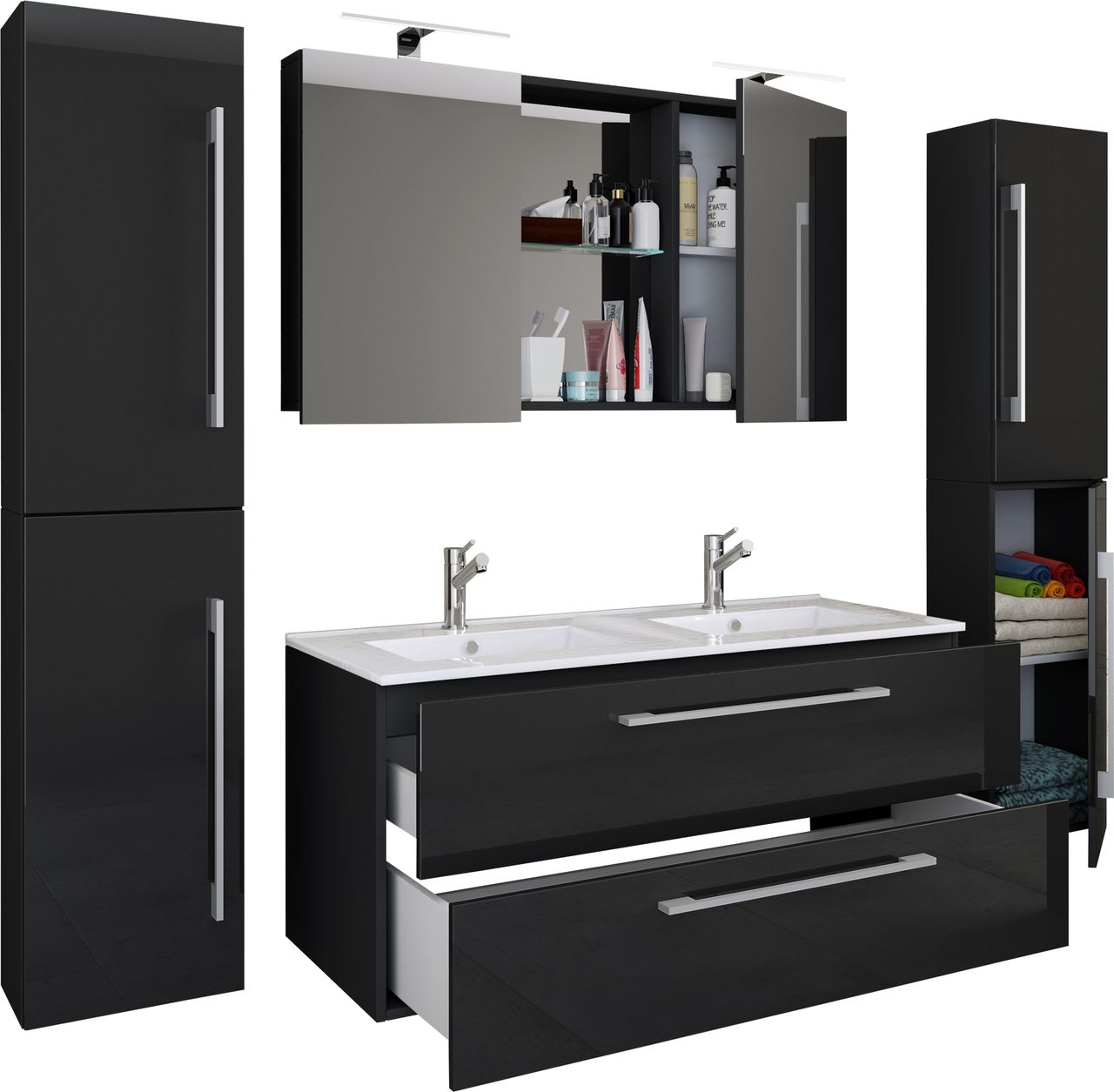 VCM 5-tlg. Waschplatz Budasi Spiegelschrank mit 2 Hochschränken Schwarz