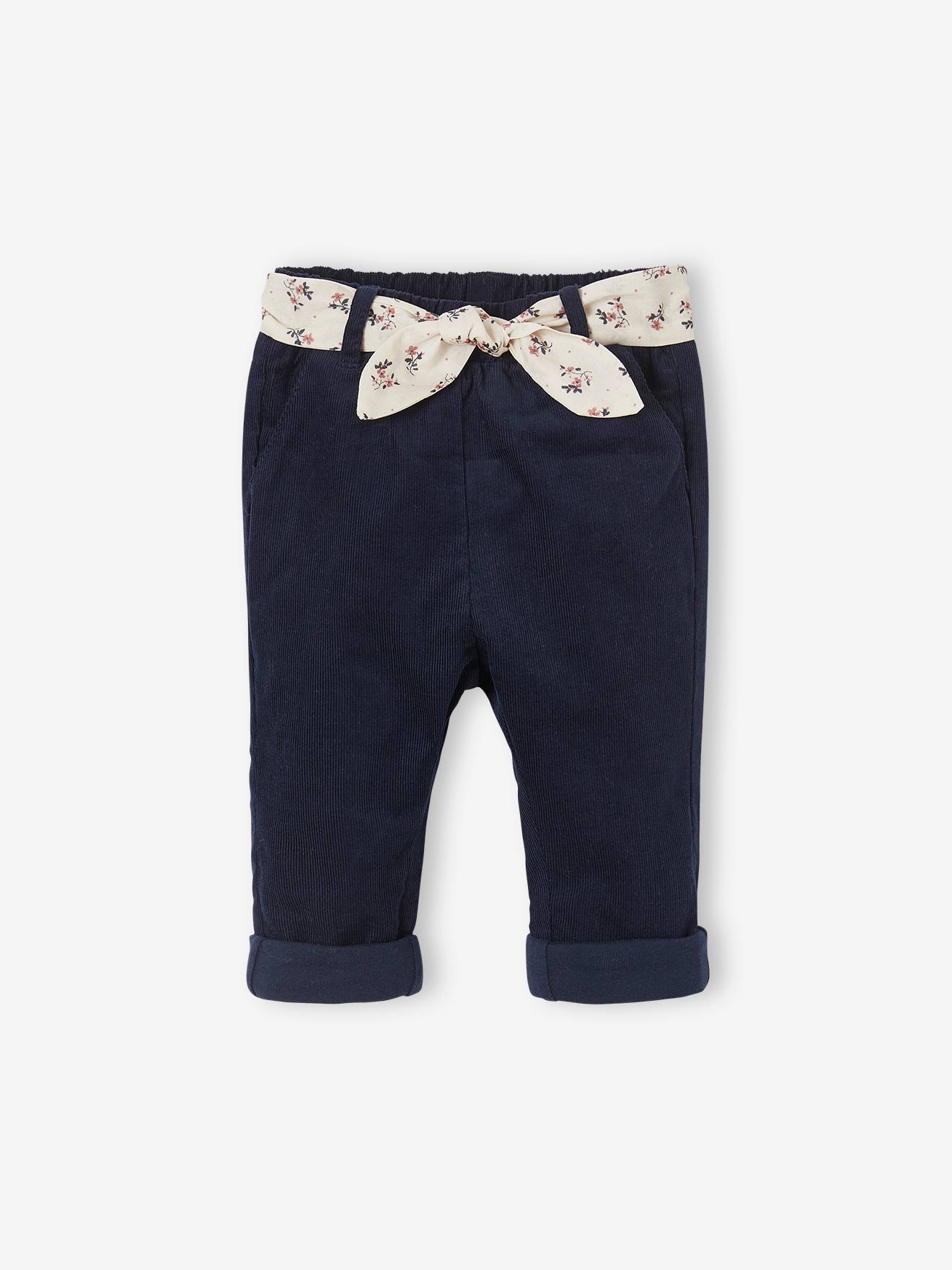 Pantalon en velours bébé avec ceinture en tissu beige clair