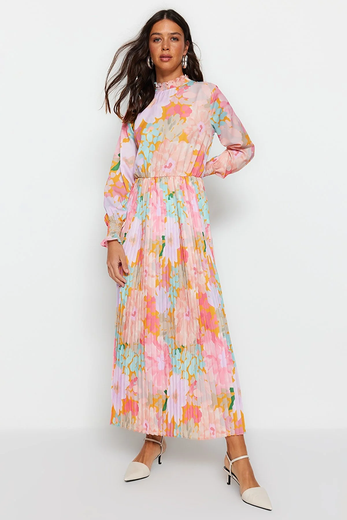 Trendyol Modest  Rosa, mehrfarbiger Rock, plissiertes, gewebtes Blumenkleid TCTAW23EB00260