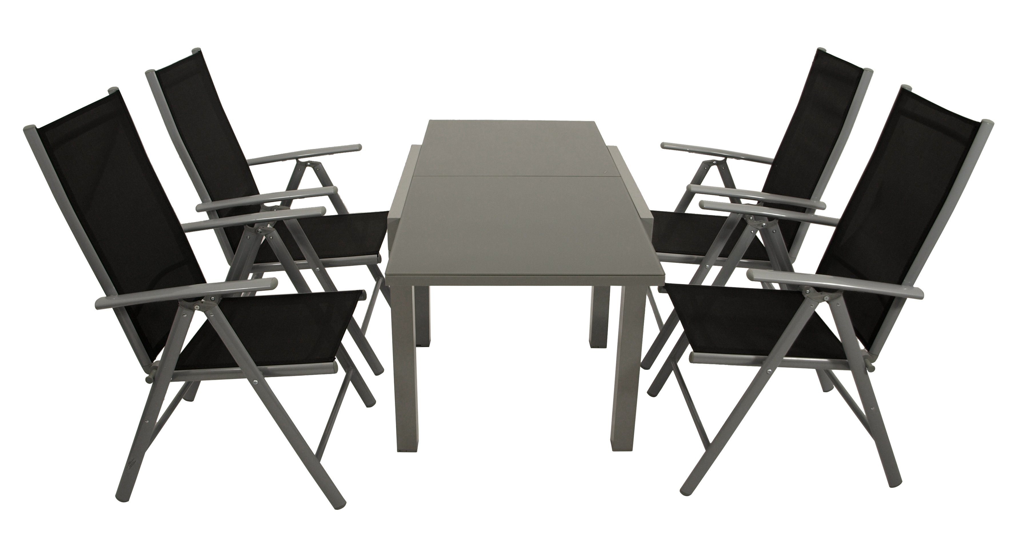 DEGAMO Garten-Essgruppe MARINA 5-teilig, 4x Klappsessel, 1x Ausziehtisch Glas 70/140x70cm, Alu silbergrau