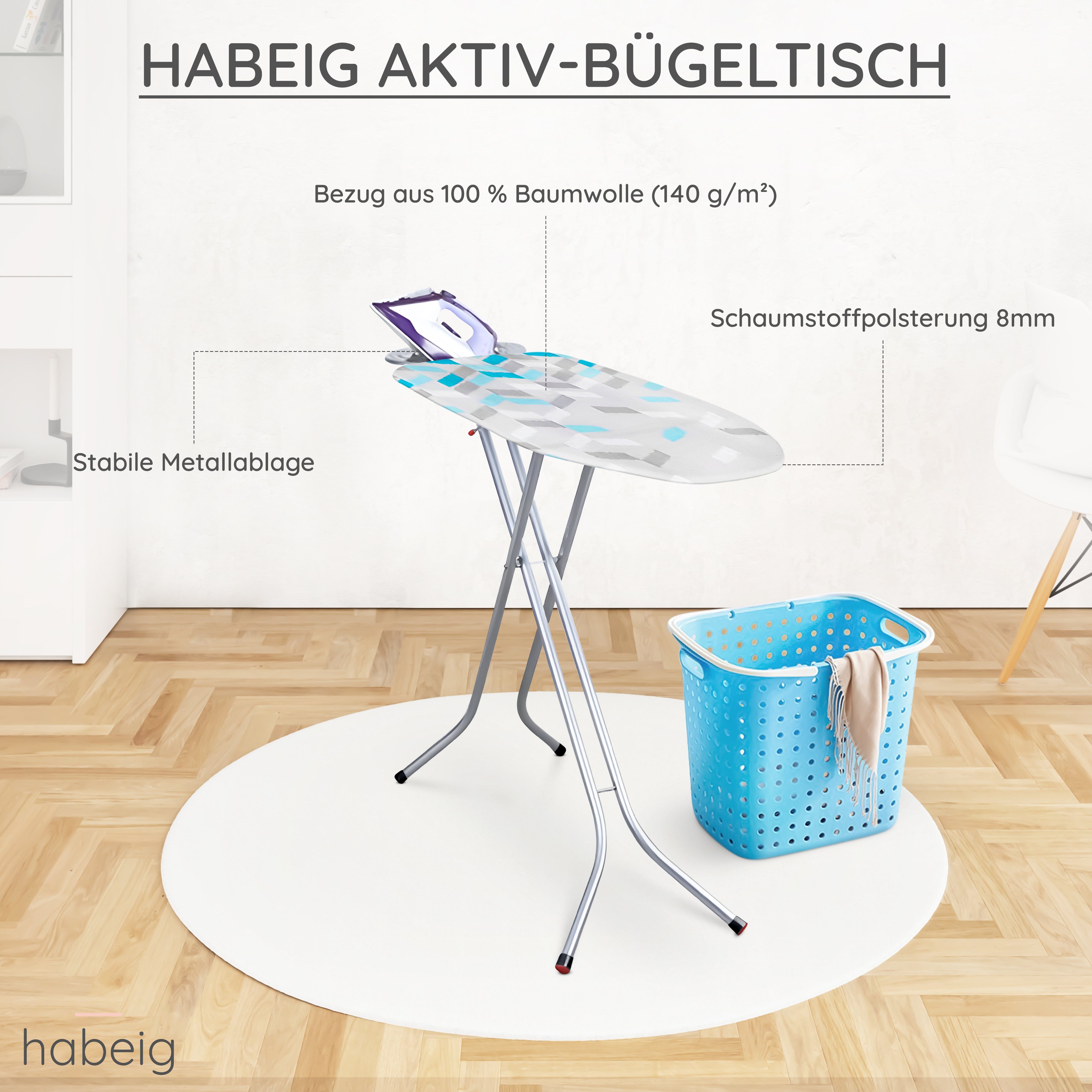 habeig Aktivbügeltisch Bügelbrett Bügeltisch Elektro Steckdose Bügelfläche 120x38 cm, Bügelfläche 120,00x38,00 cm, inkl. Steckdose