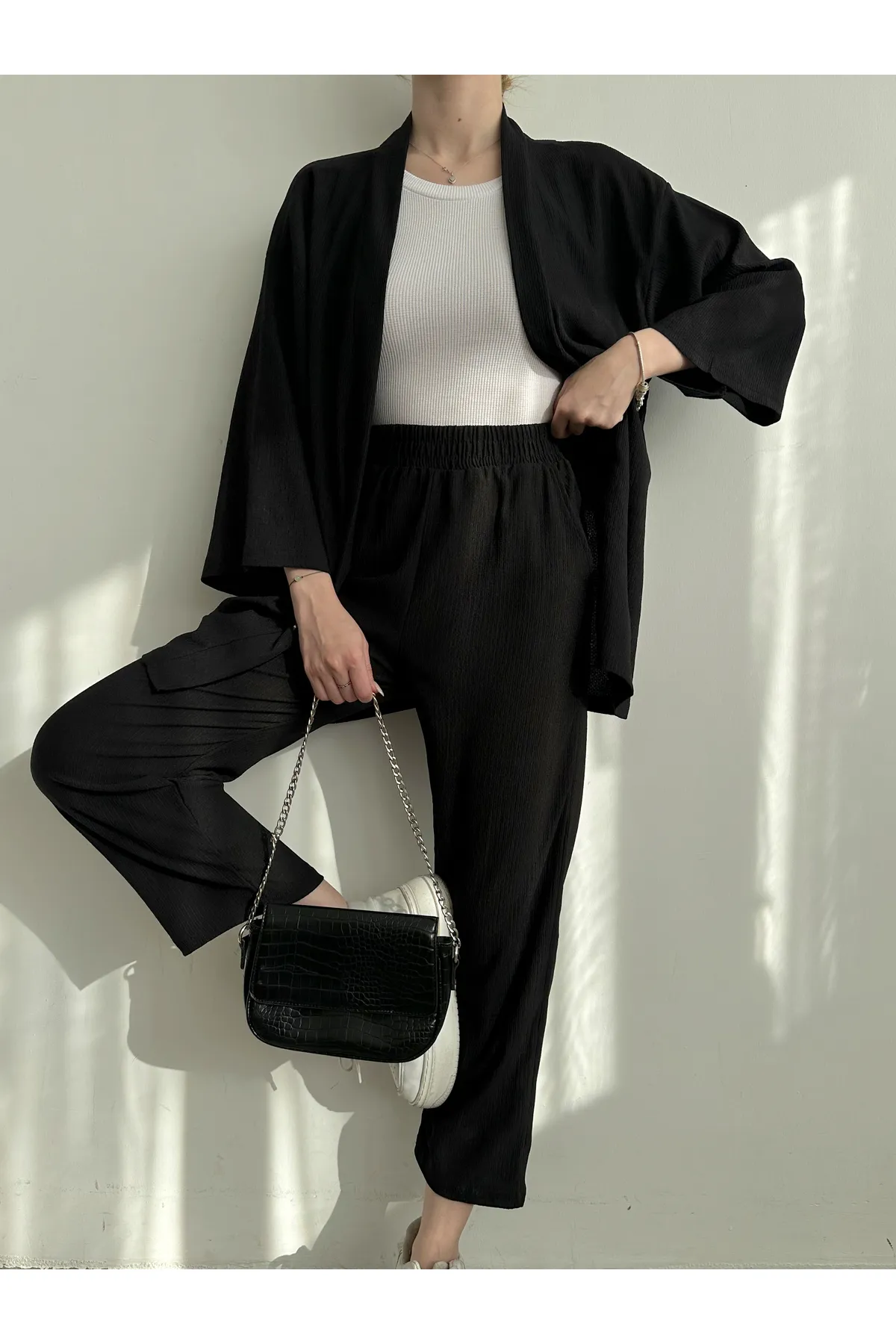 BEJNA  Schwarzes Kimono-Hosen-Strickset für Damen