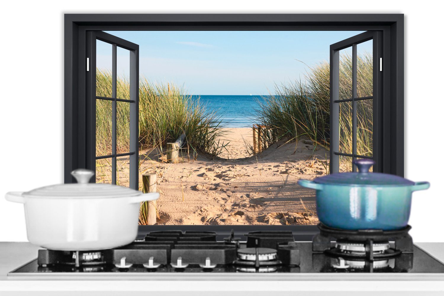 MuchoWow Küchenrückwand Durchblick - Strand - Meer - Sand - Wasser - Strandhafer - Dünen, (1-tlg), 60x40 cm, Herdblende aus Wandschutz, Temperaturbeständig küchen