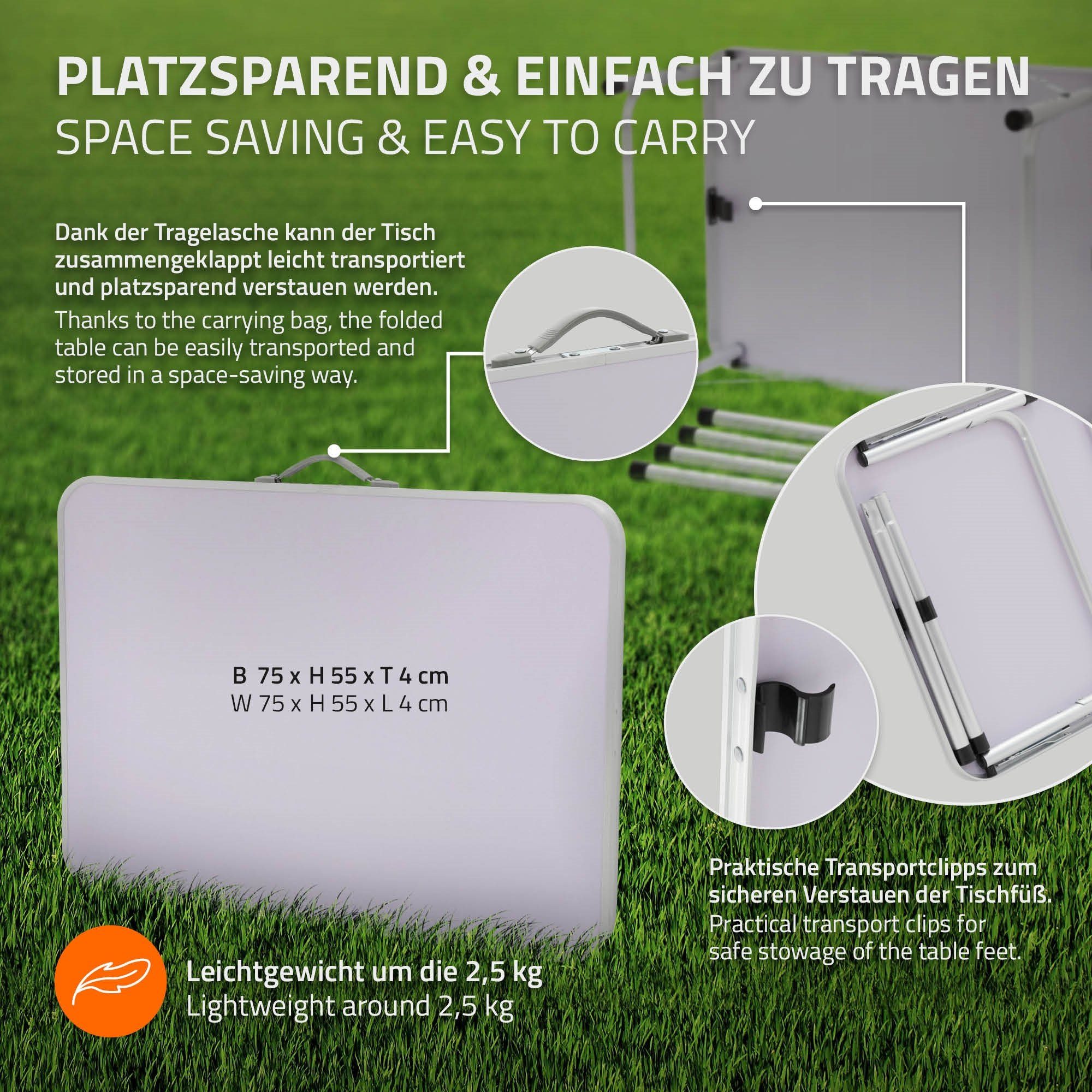 ML-DESIGN Klapptisch Campingtisch Tischplatte Gartentisch Falttisch Picknicktisch, Aluminium Silber-Weiß 75x55x68/32,5cm höhenverstellbar leicht MDF