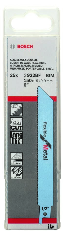 Bosch Blue Accessories 2608657550 S922BF Flexibles Säbelsägeblatt für Metall, 150 mm, 25 Stück