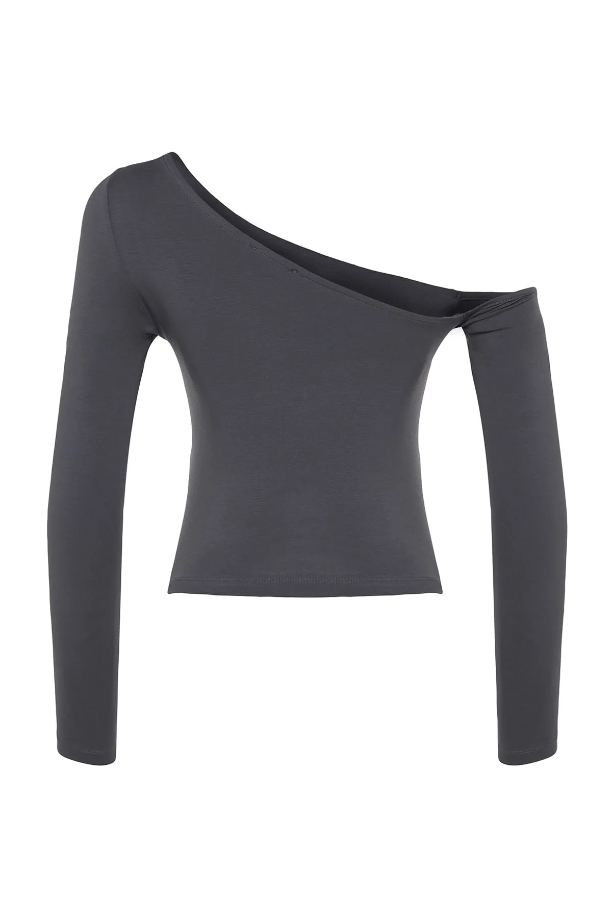 Trendyol Collection  Anthrazitfarbene One-Shoulder-Baumwollbluse mit dehnbarer Passform und kurzem Schnitt TWOAW24BZ00099
