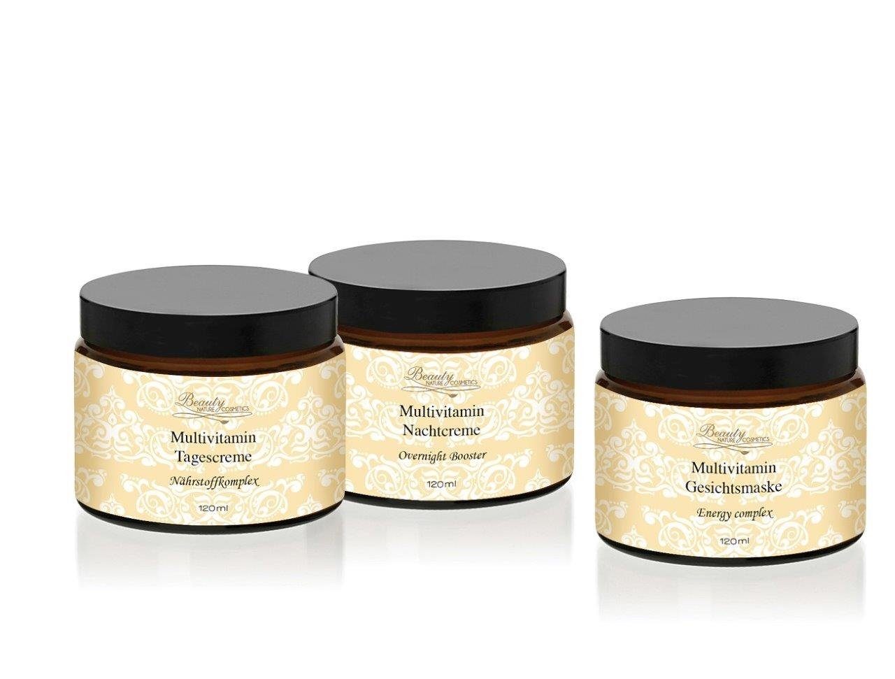 Beauty Nature Cosmetics Anti-Aging-Augencreme Reichhaltiges Multivitamin Gesichtspflege Set, 3x120ml, Vitaminreiches, sehr pflegendes Gesichtspflegeset 3 x120ml